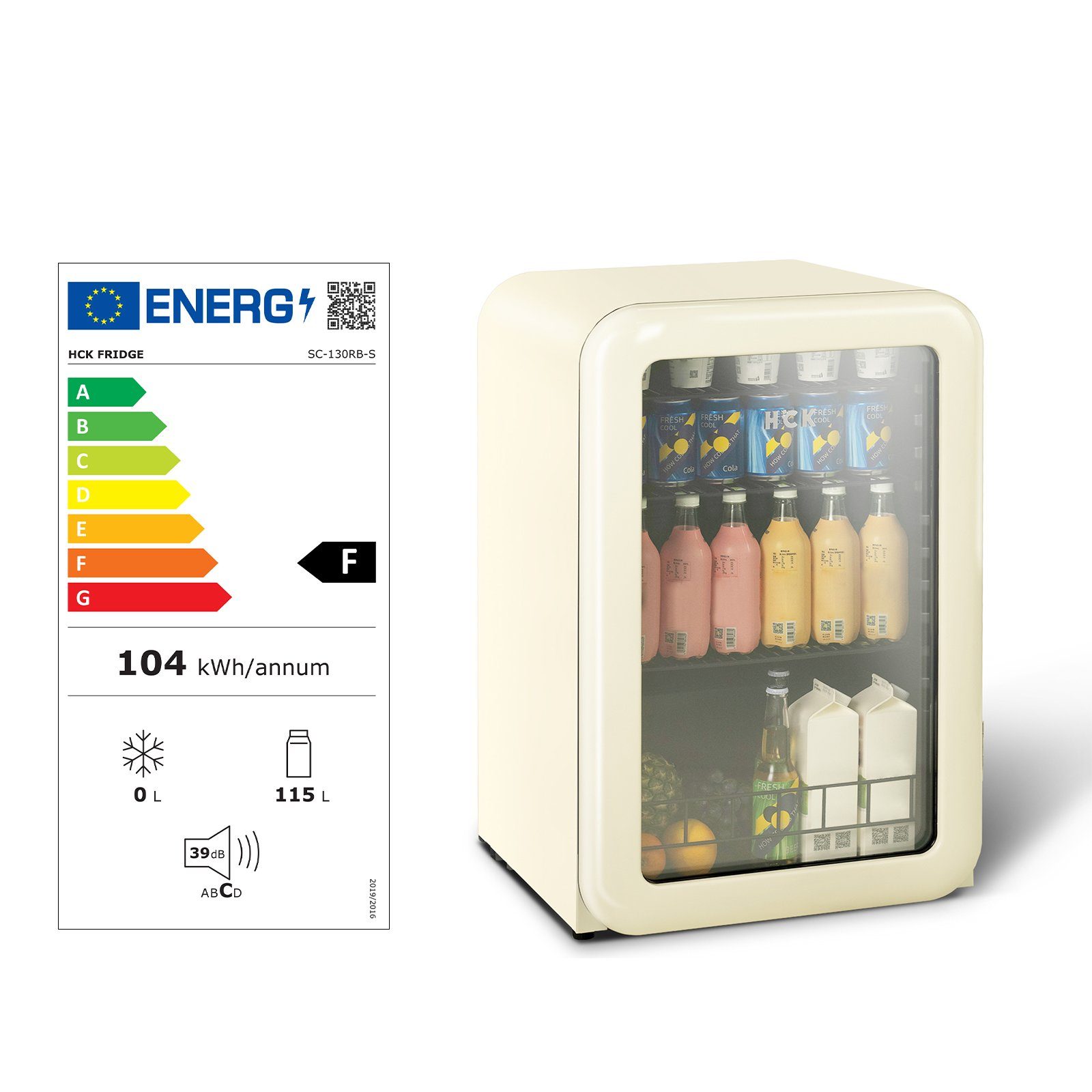 HCK Getränkekühlschrank SC-130RB-S, 83.5 cm hoch, 55.5 cm breit, HCK, mit Glastür & LED-Innnenbeleuchtung, 115L, 4°-22°C, 39 dB