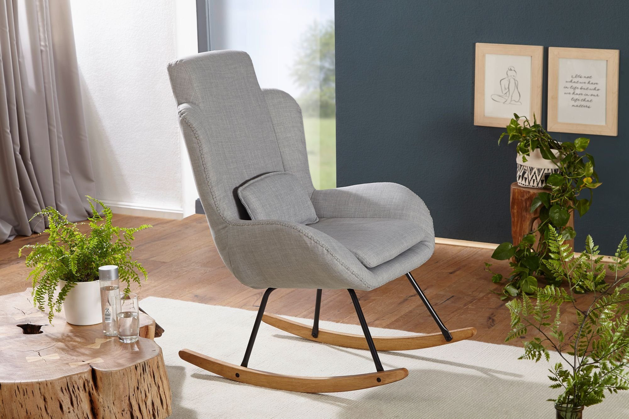 FINEBUY Schaukelstuhl SuVa14311_1 (CAPRI Grau, Stoff Relaxsessel 75 x 110 x 88,5 cm), Schwingsessel Relaxstuhl, Moderner Schwingstuhl