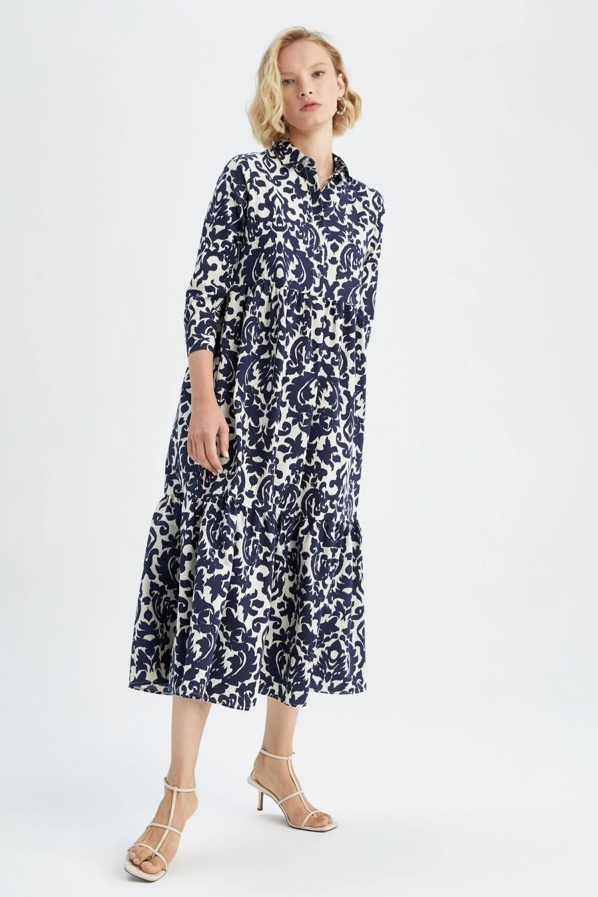DeFacto  Maxi-Langarmkleid mit Hemdkragen und Retro-Muster