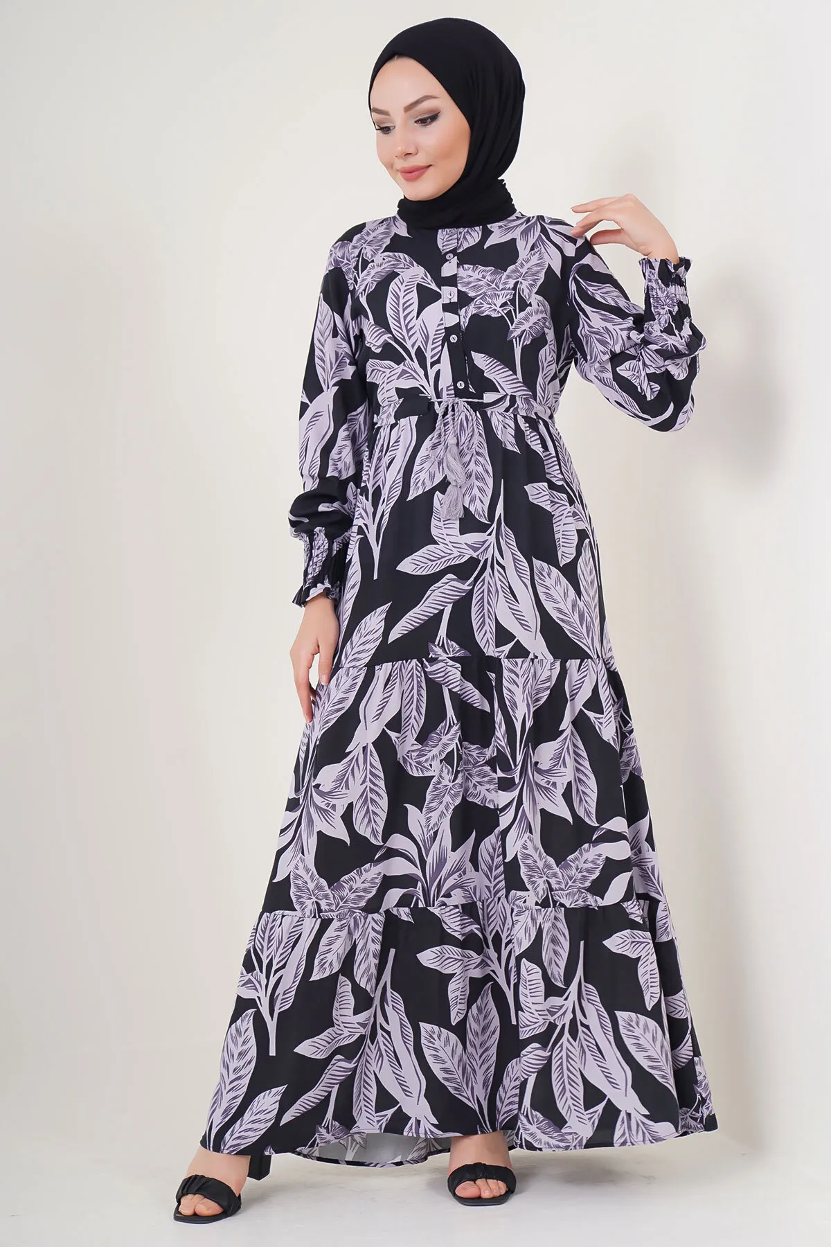 Bigdart  2145 Gemustertes Hijab-Kleid – D. Schwarz