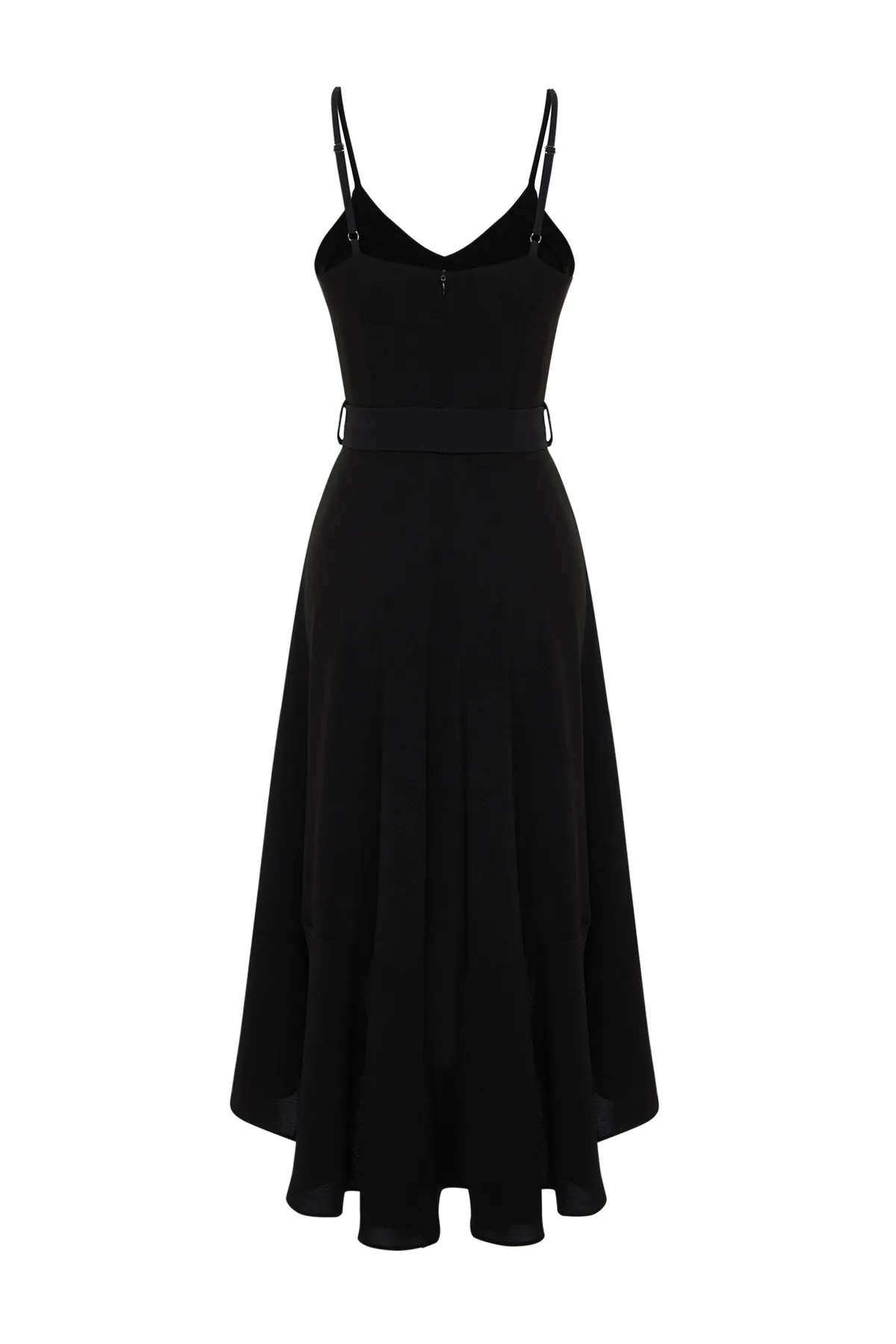 Trendyol Collection  Schwarzes, gewebtes Maxikleid in A-Linie/Glockenform mit Volant und Gürtel TWOSS23EL02271
