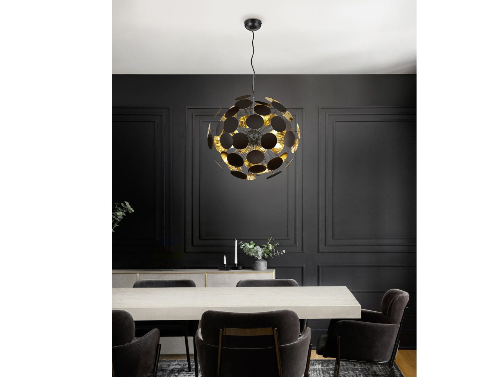 meineWunschleuchte LED Pendelleuchte, Mitgelieferte Leuchtmittel extern über Hausinstallation dimmbar, LED wechselbar, Warmweiß, große Design-er Kugel-lampe hängend über Esstisch, Schwarz Gold Ø 54cm