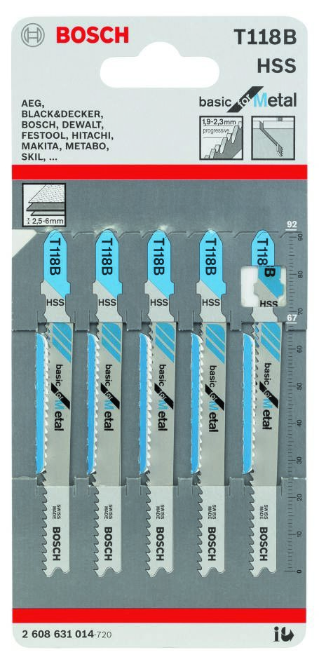 Bosch Blue Zubehör 2608631014 T118B Stichsägeblätter T-Schaft, 5 Stück, Metall