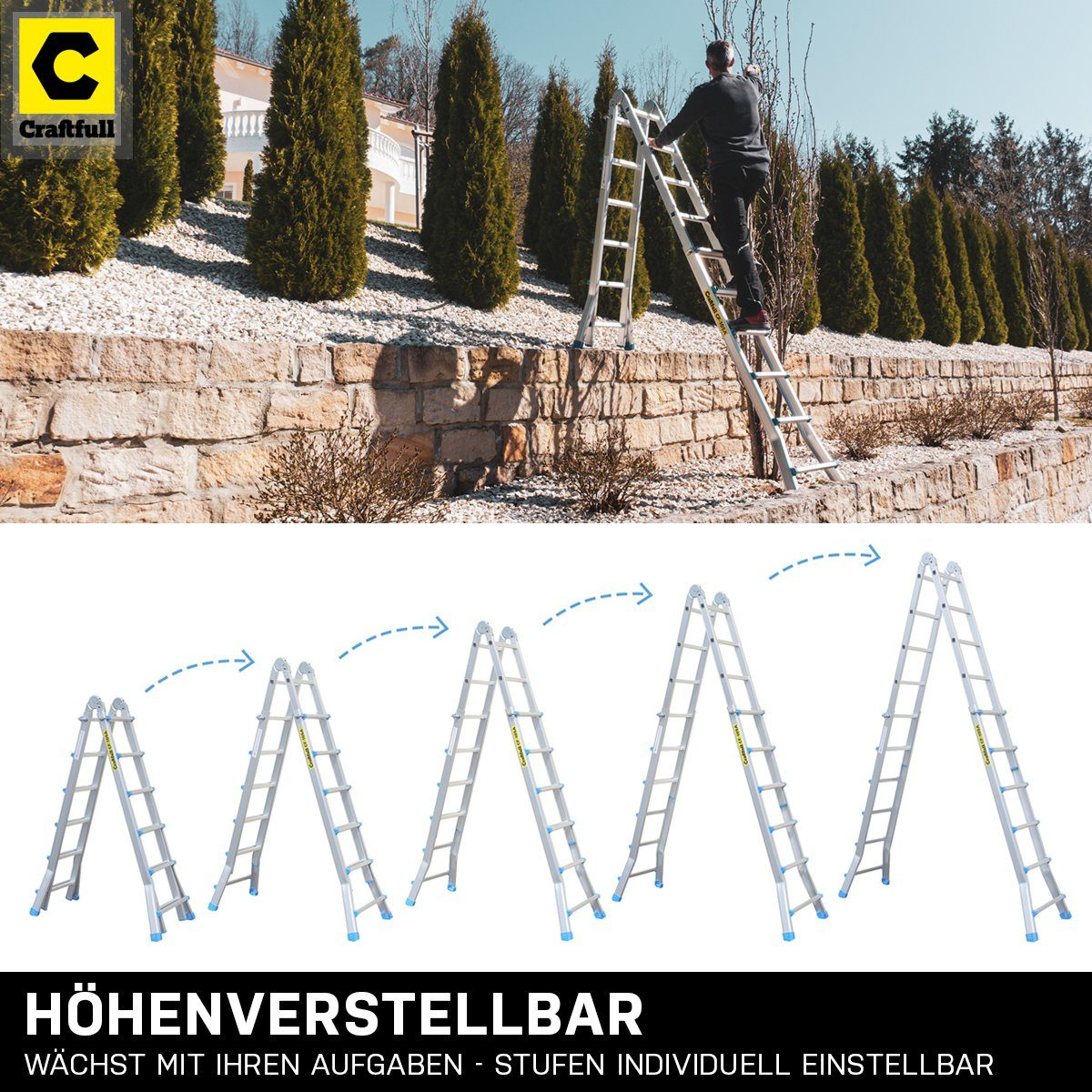 Craftfull Teleskopleiter 4in1 Treppenleiter CF-105A - 3 Jahre Garantie - 2,9-6,25 m - Aluminium (150 kg Traglast - Mehrzweckleiter Alu Stehleiter bis 150 kg - Anlegeleiter - Trittleiter - Wandleiter - Arbeitsbühne - Haushaltsleiter - Ausziehleiter -