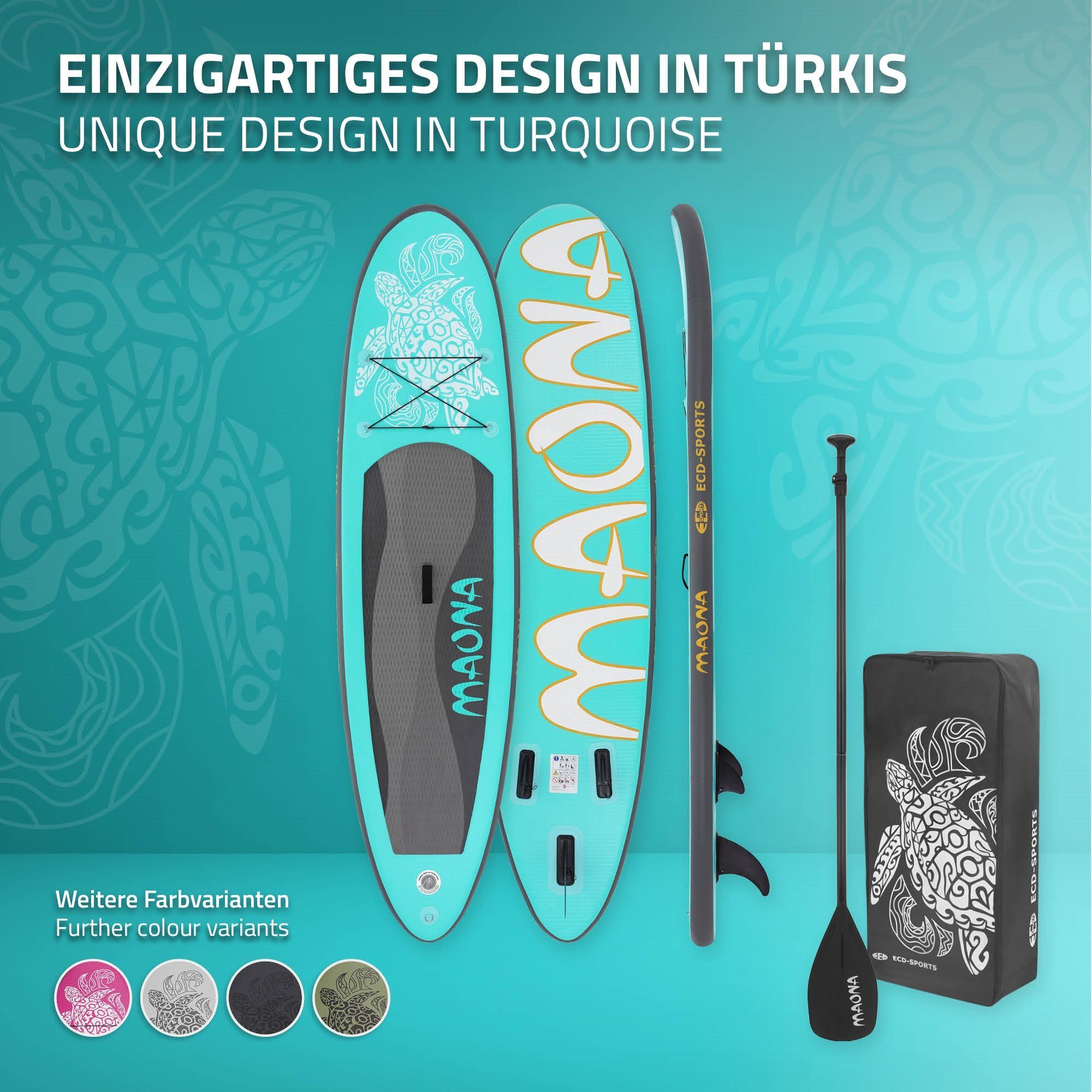 ECD Germany SUP-Board Aufblasbares Stand Up Paddle Board Maona Surfboard, Türkis 308x76x10cm PVC bis 120kg Pumpe Tragetasche Zubehör