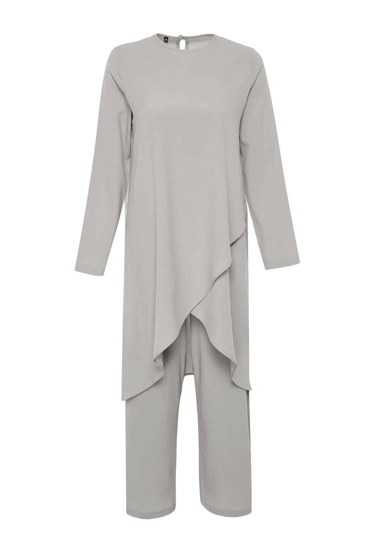 Trendyol Modest  Graues asymmetrisches gewebtes Tunika-Hosen-Oberteil- und Unterteil-Set TCTSS24US00074