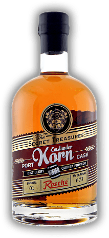 The Secret Treasures Emsländer Korn Port Cask Batch No. 1 The Secret Treasures Emsländer Korn Port Cask Batch No. 1 Ein außergewöhnlich interessanter und exklusiver Korn-Genuss - einmal ganz anders. 0,5	 Liter - Vol 44%