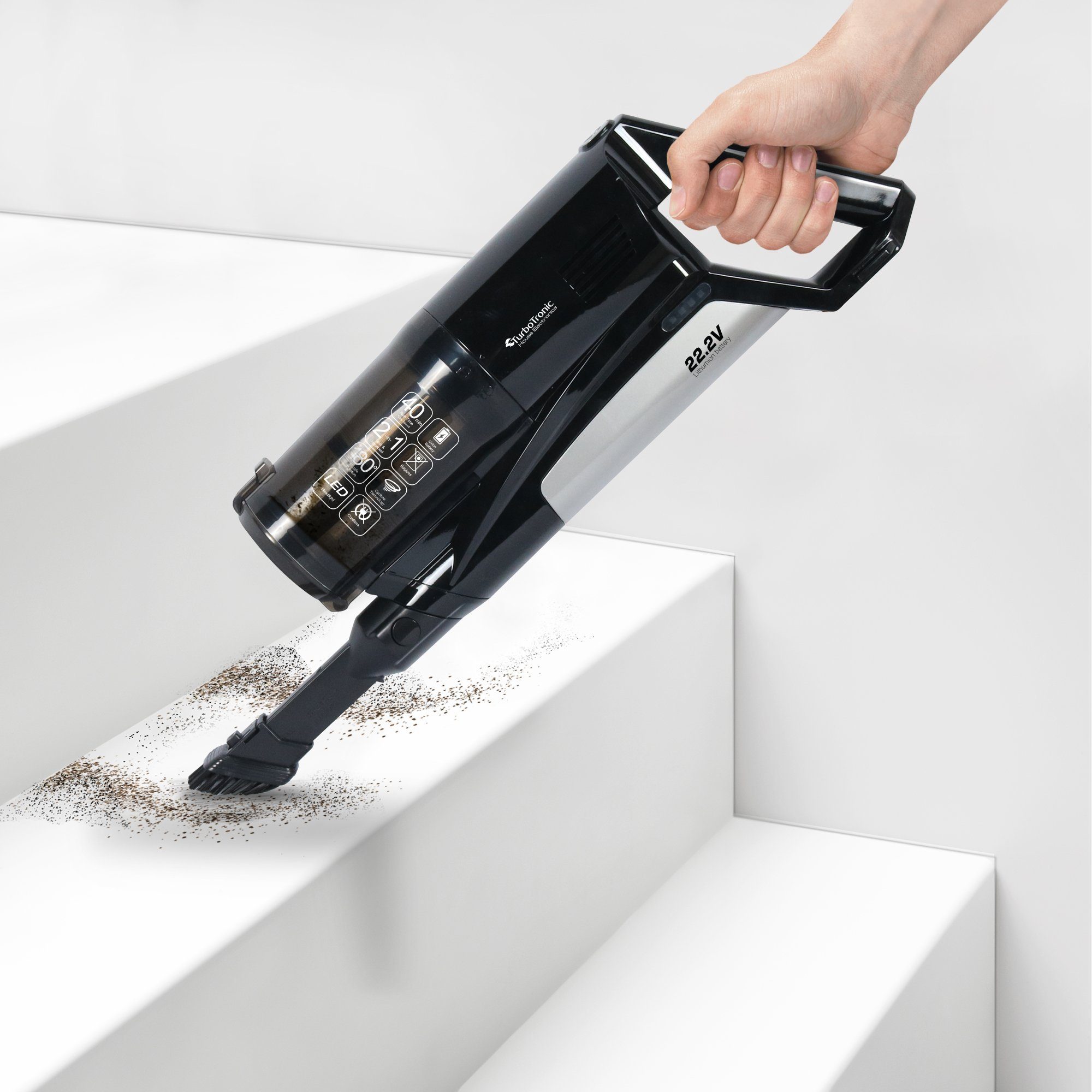TurboTronic by Z-Line Akku-Hand-und Stielstaubsauger 2 in1 Handstaubsauger, 120 W, beutellos, beutelloser Akku-Staubsauger, kabellos mit Wandhalterung und LED-Licht