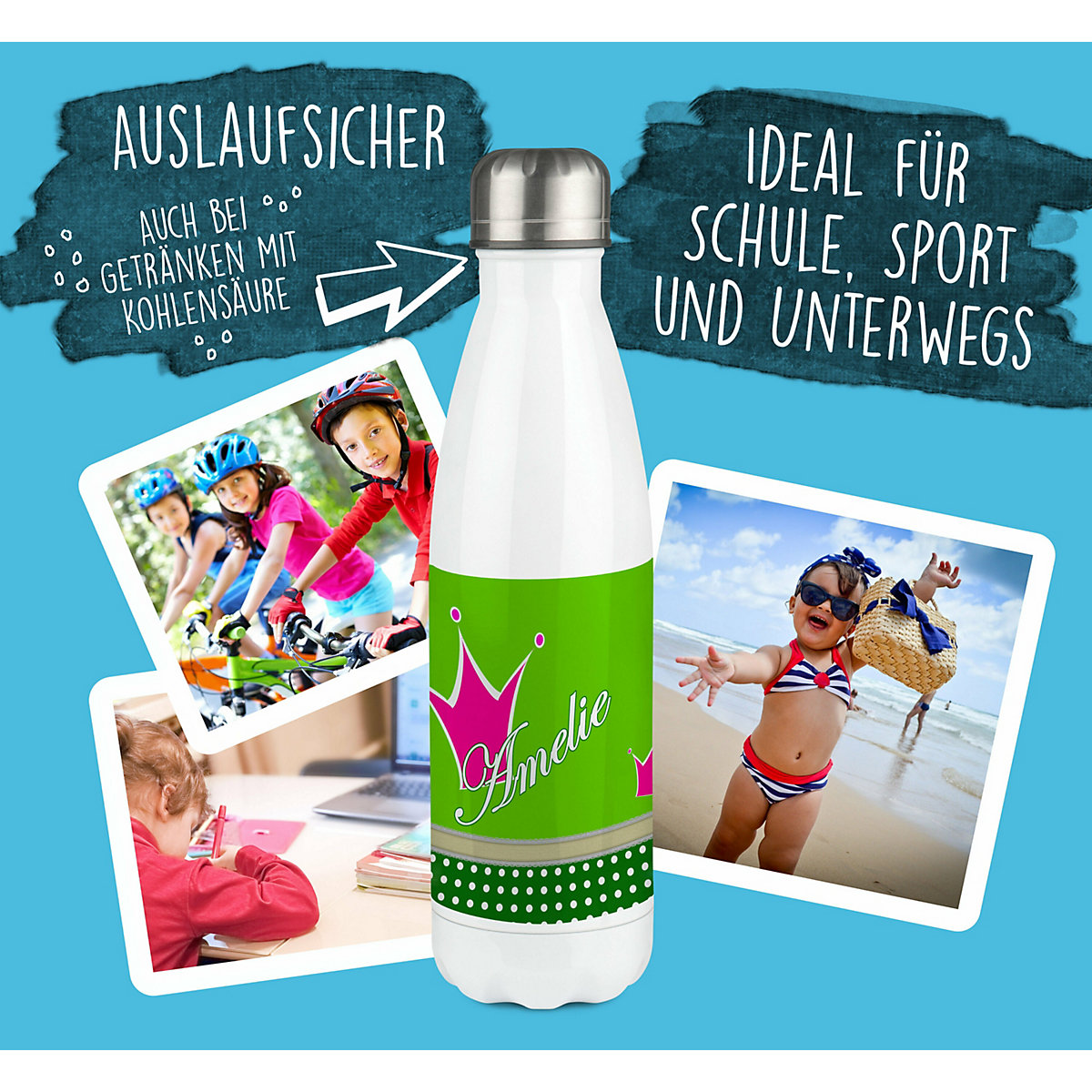 Edelstahl Kinder Thermoflasche / Trinkflasche bunt Krone Farbe pink apfelgrün Spülmaschinenfest, Auslaufsicher, Bruchfest, Doppelwandig, Für Heißgetränke geeignet, Mit Deckel, Isoliert