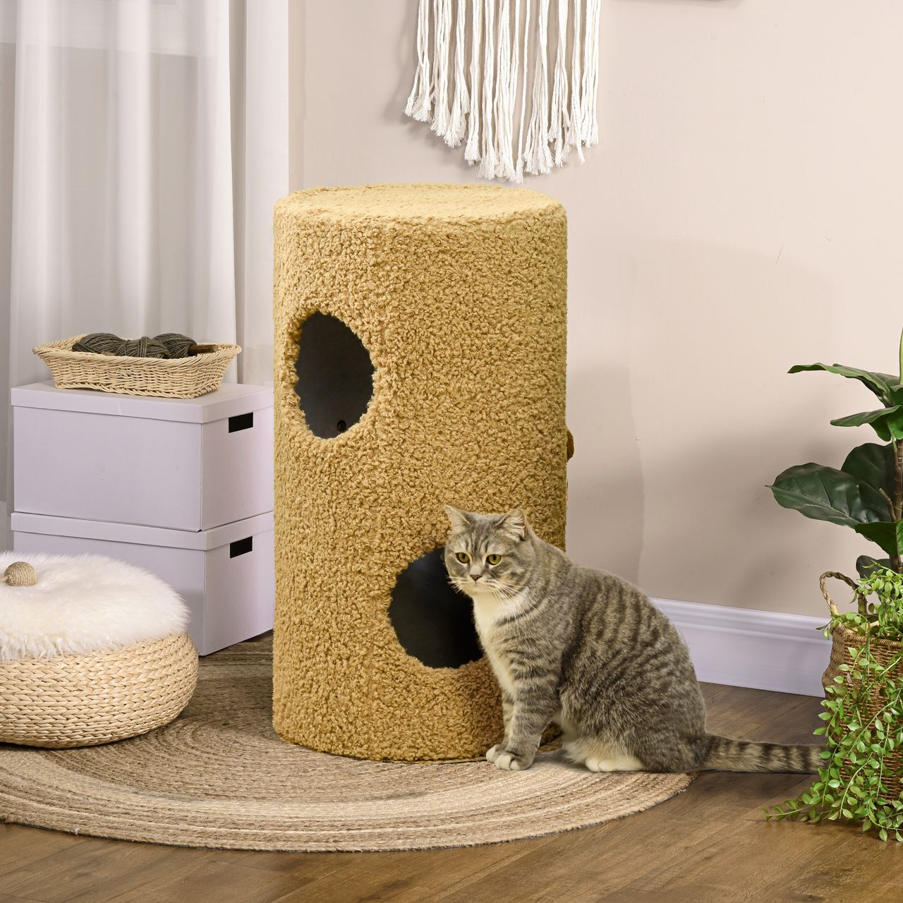 PawHut Kratztonne Höhe 66 cm, Kratzturm mit 2 Höhlen, Katzentonne mit Kratzbrett