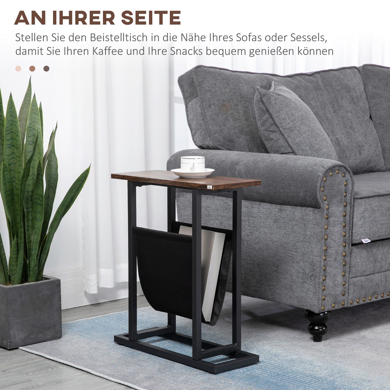 HOMCOM Beistelltisch mit Stofftasche, Sofatisch, Couchtisch, Dunkelbraun