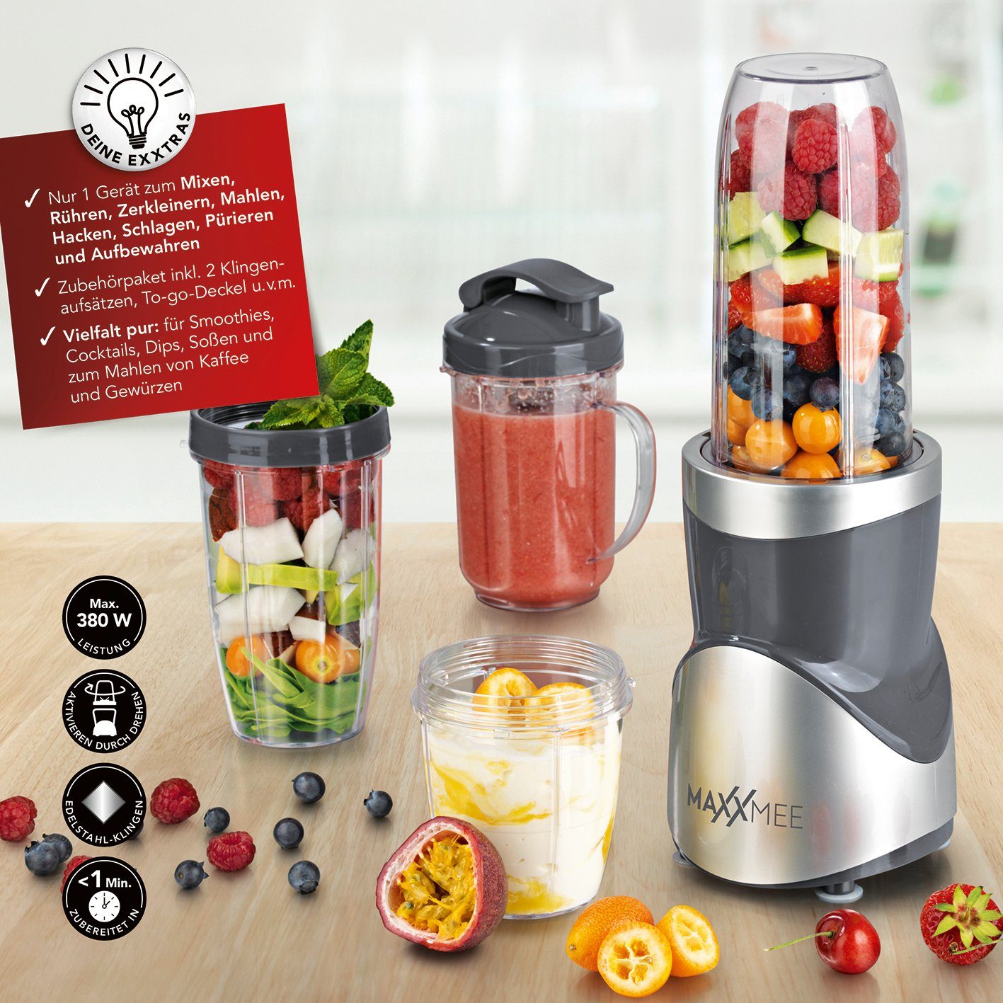 MAXXMEE Smoothie-Maker Standmixer inkl. To-Go Deckel, 380 W, 12 Teile