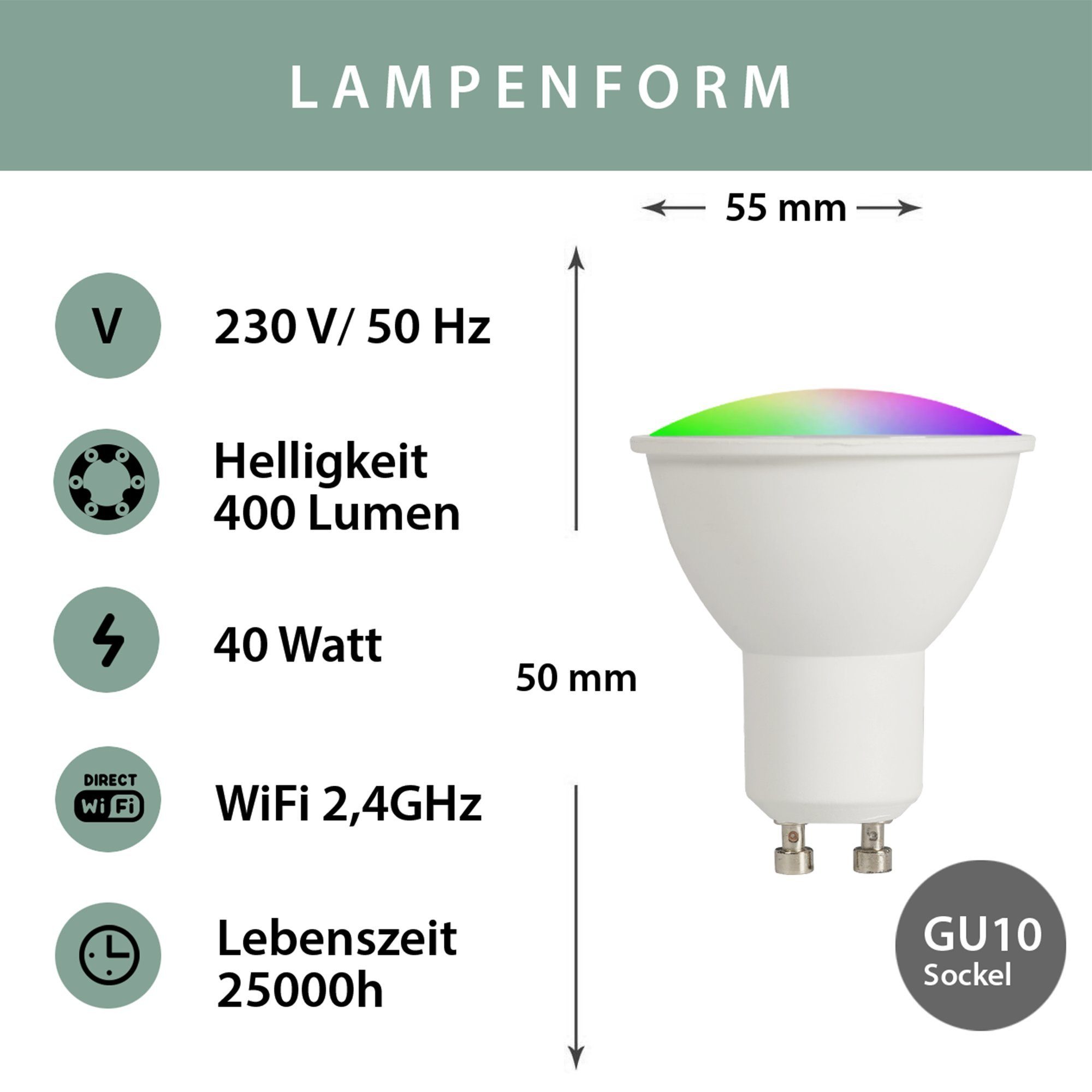 XCOAST LED-Leuchtmittel 2er PACK SMARTE GU10 LED 40W STRAHLER, 400 Lumen, GU10, 2 St., WARMWEISS, KALTWEISS, BUNT, 2700 - 6500K, SMART HOME LED Strahler, WLAN, Sprach-/Appsteuerung, dimmbar