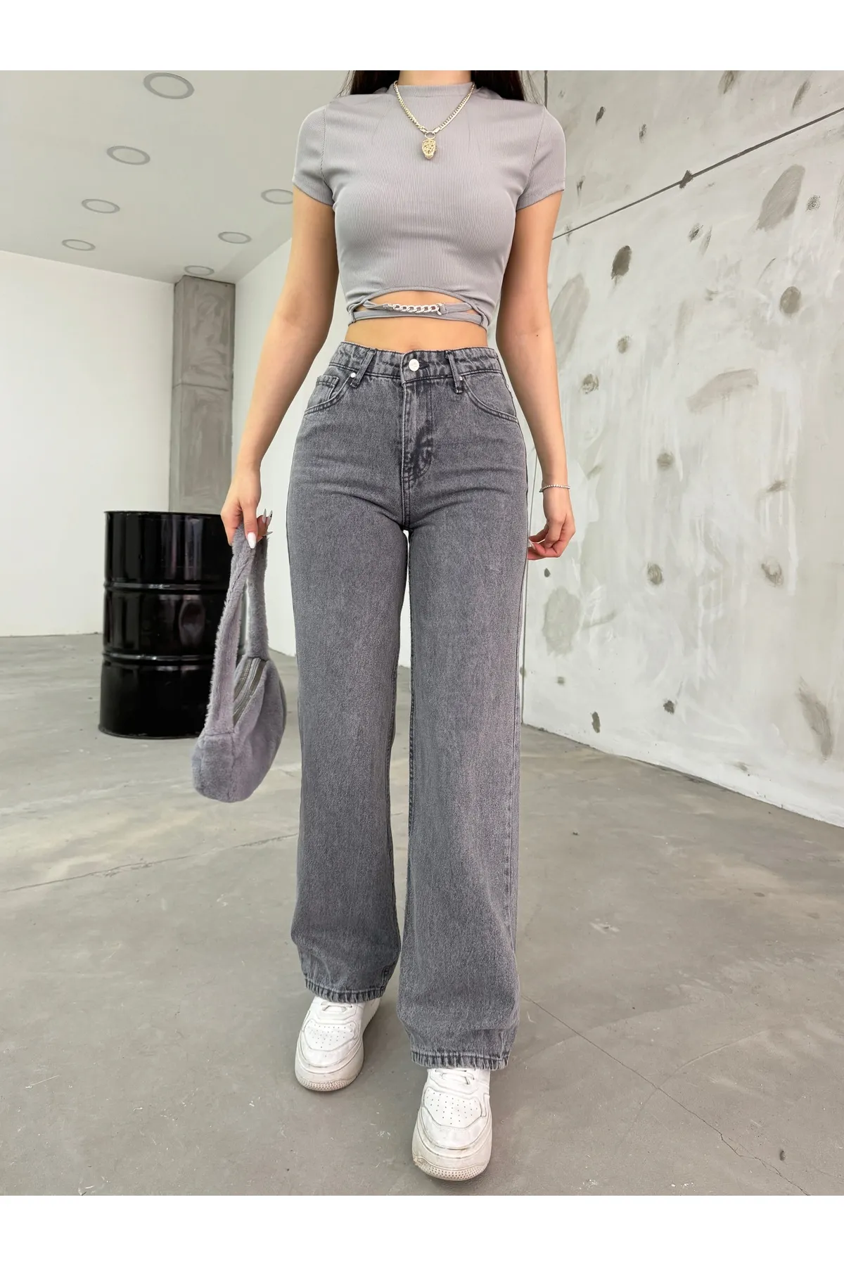 BİKELİFE  Graue Damenjeans mit hohem Bund und dehnbarem Lycra und weitem Bein