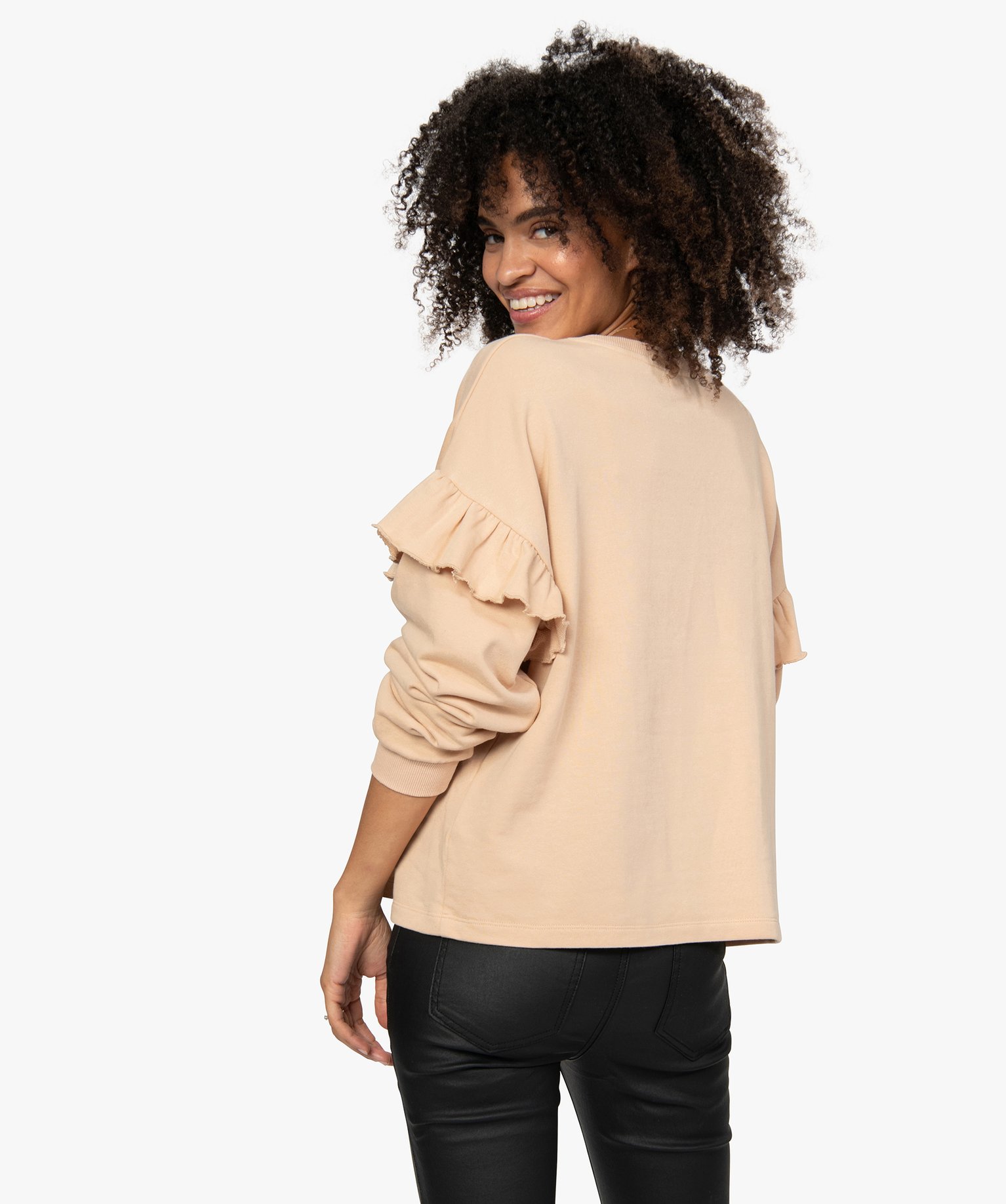 Sweat femme loose à manches volantées beige | GEMO
