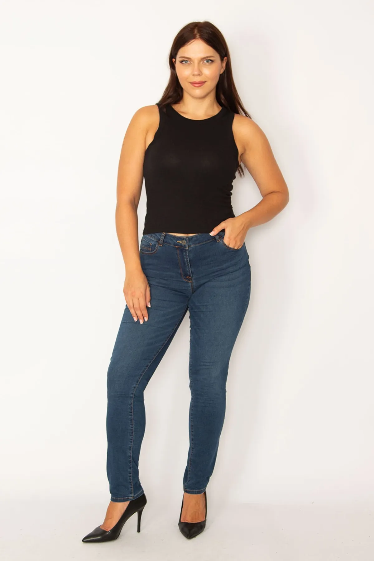 Şans Tekstil  Marineblaue 5-Pocket-Röhrenjeans für Damen 26a34216