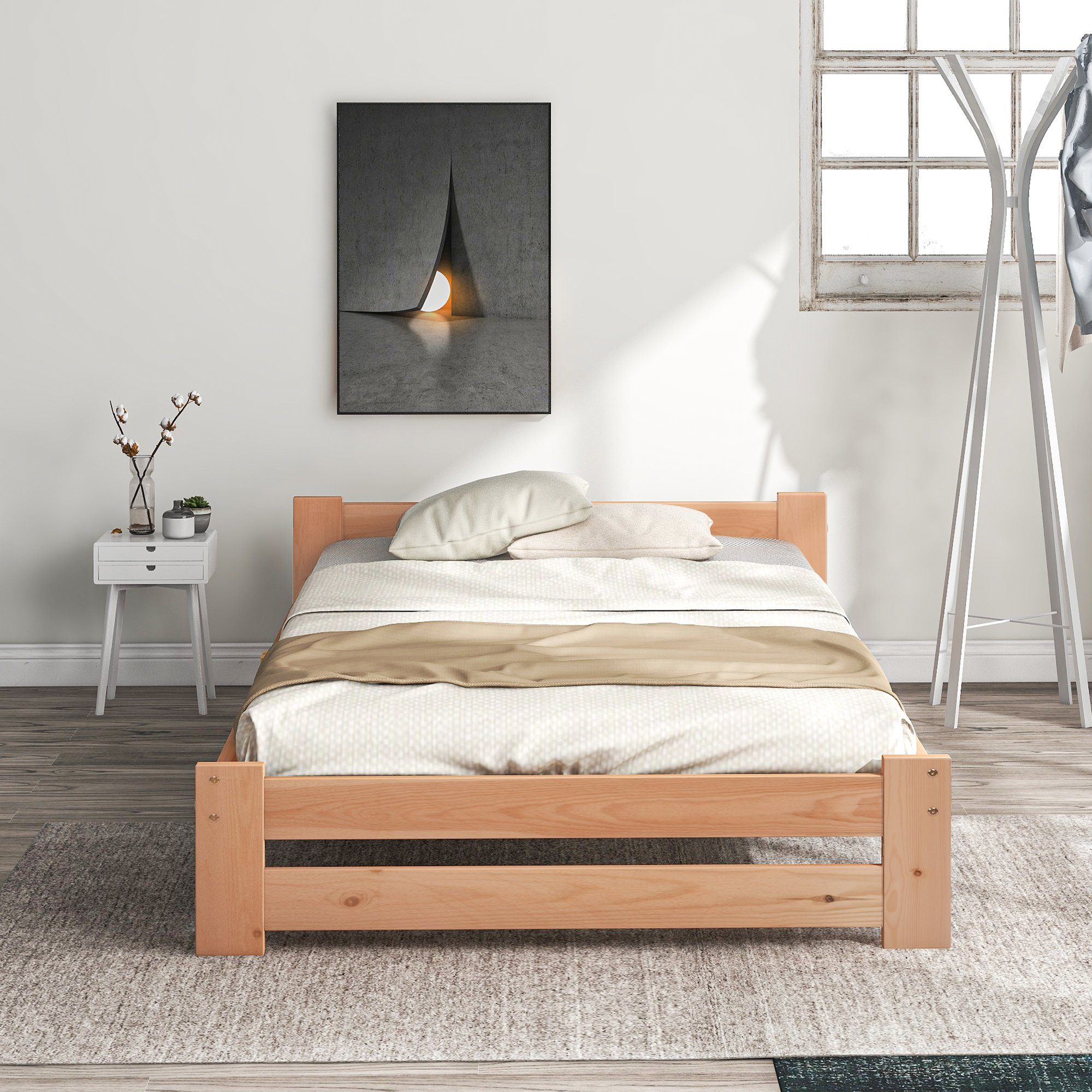 KLAM HOME Massivholzbett 90-140x200cm Massivholzbett Massivbettgestell Holzbett (für Kinder-,Jugend-und Schlafzimmer, Bettrahmen Lattenrost Familienbett), Einzelbett Doppelbett Botenbett aus Kiefernholz Bettrahmen