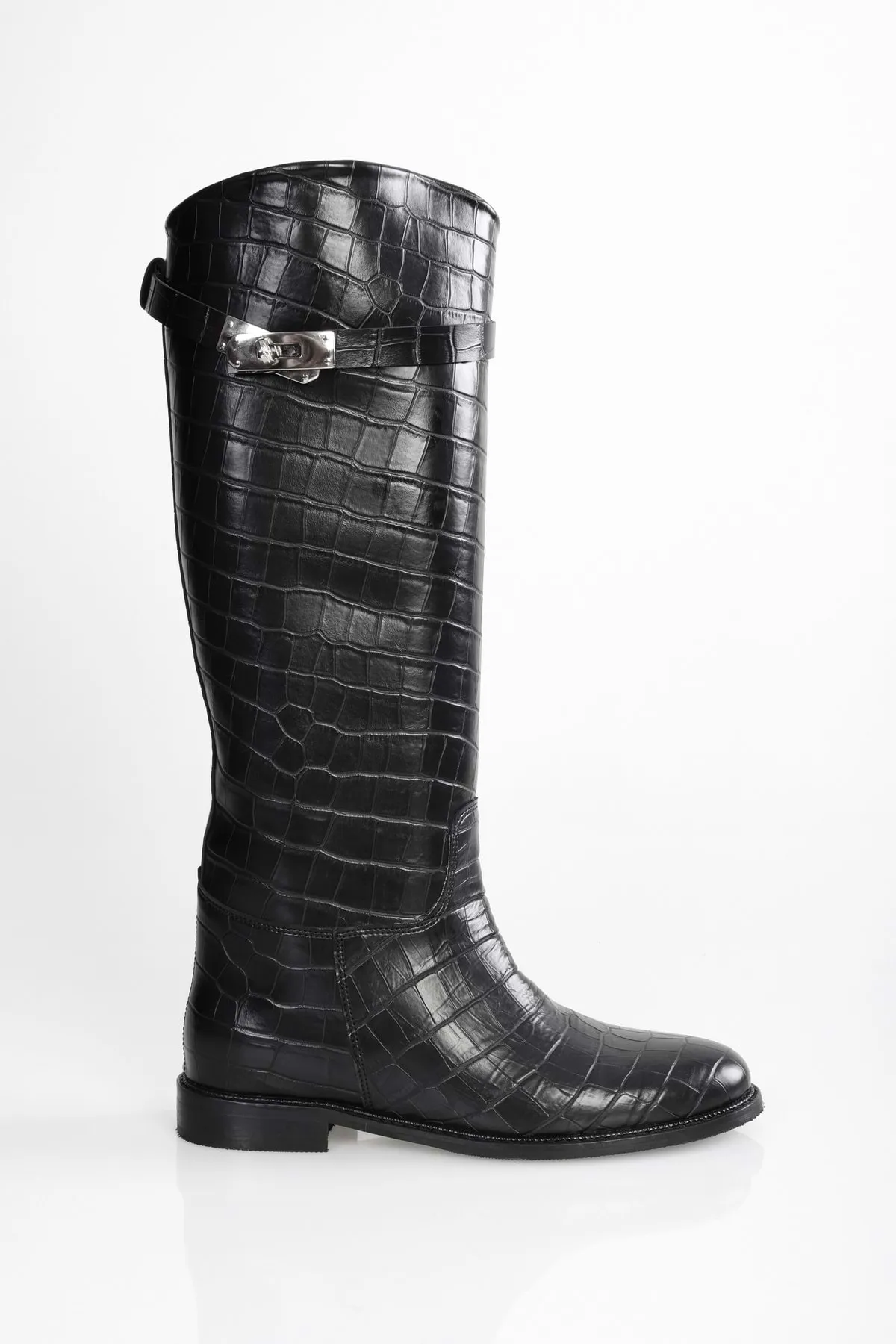 Shoeberry  Damen Matia Black Crocodile Rider Lange Stiefel