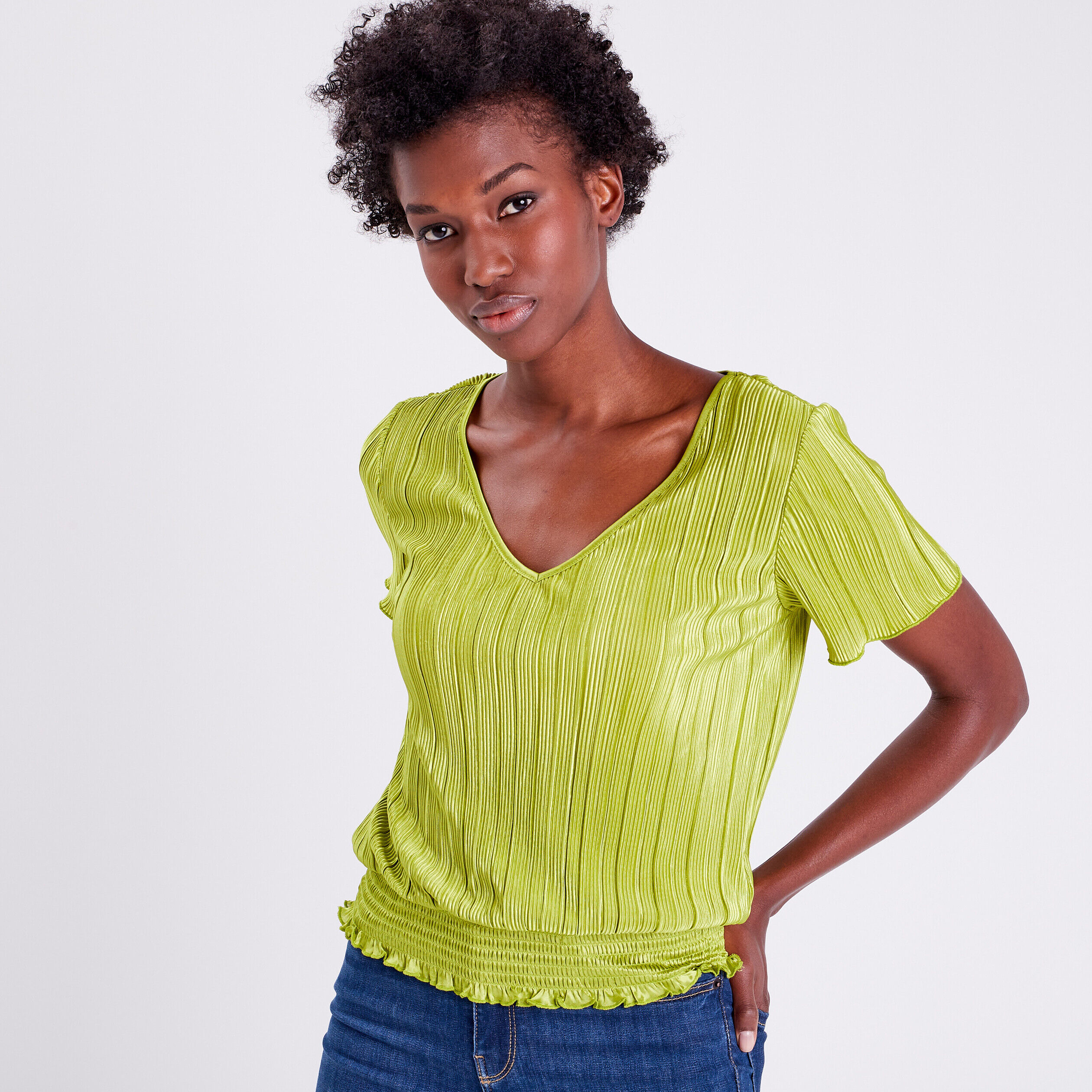T-shirt manches courtes plissé vert anis femme | Cache Cache