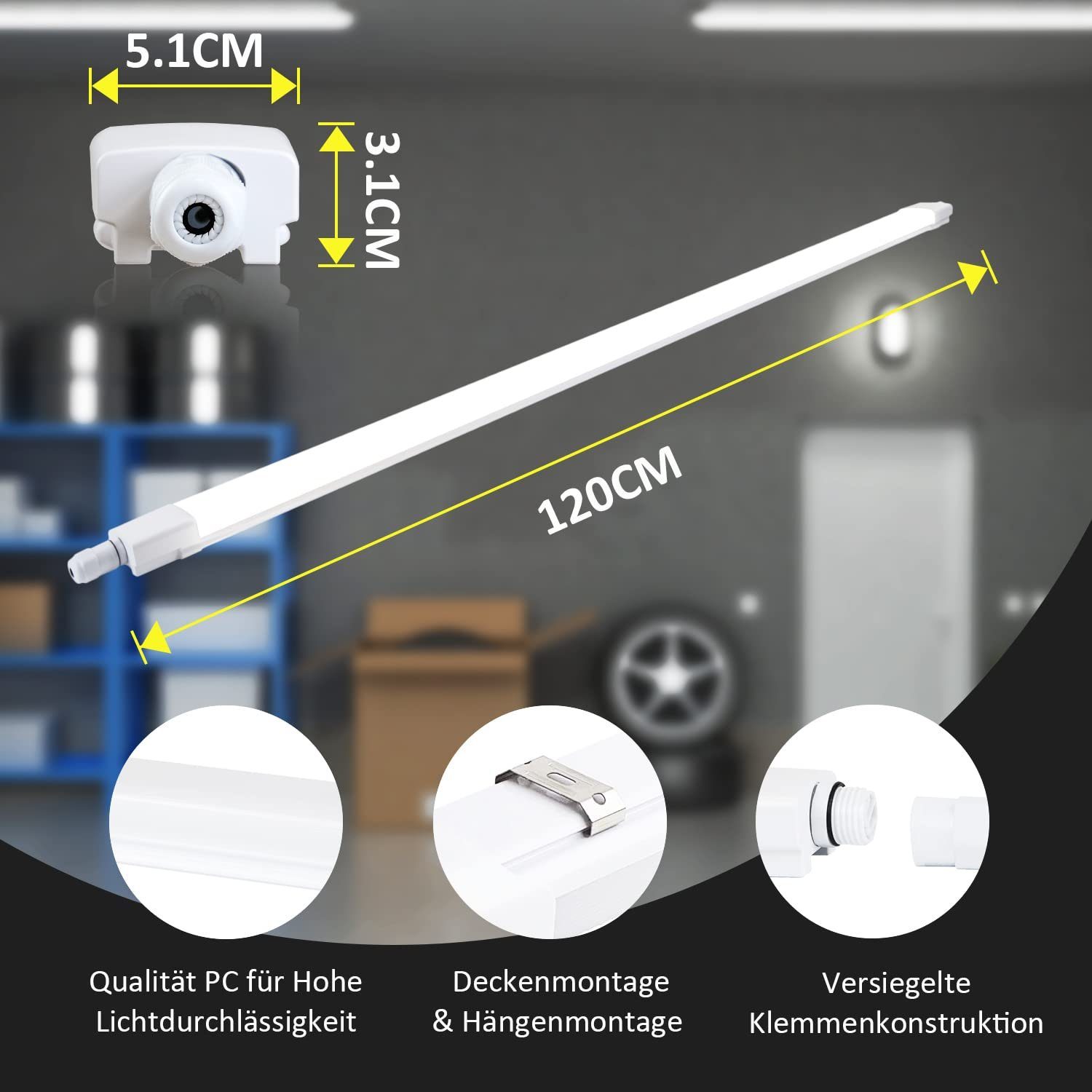 ZMH Deckenleuchte IP65 Wasserfest Leuchtstoffröhre 120cm, LED fest integriert, Kaltweiß