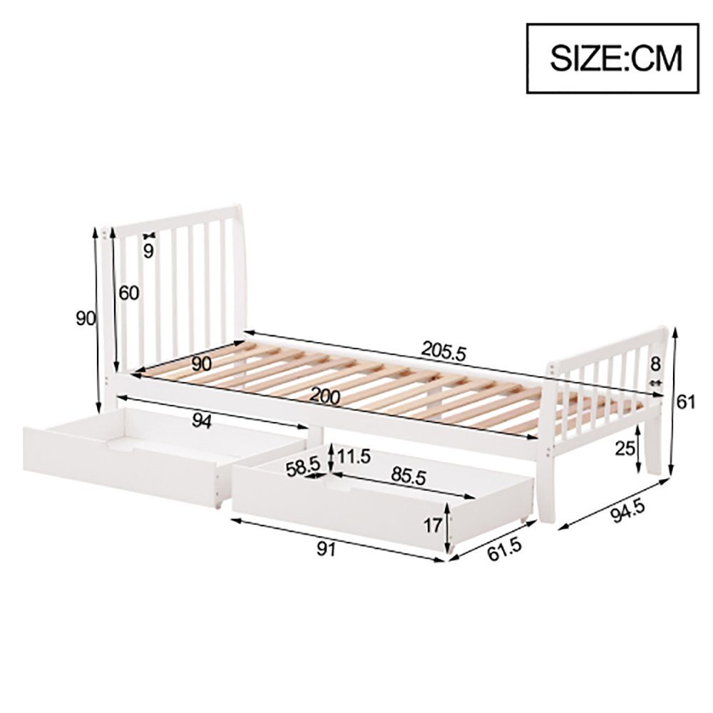 Sweiko Holzbett, Massivholzbett mit 2 Schubladen, Kieferbett, 90*200cm