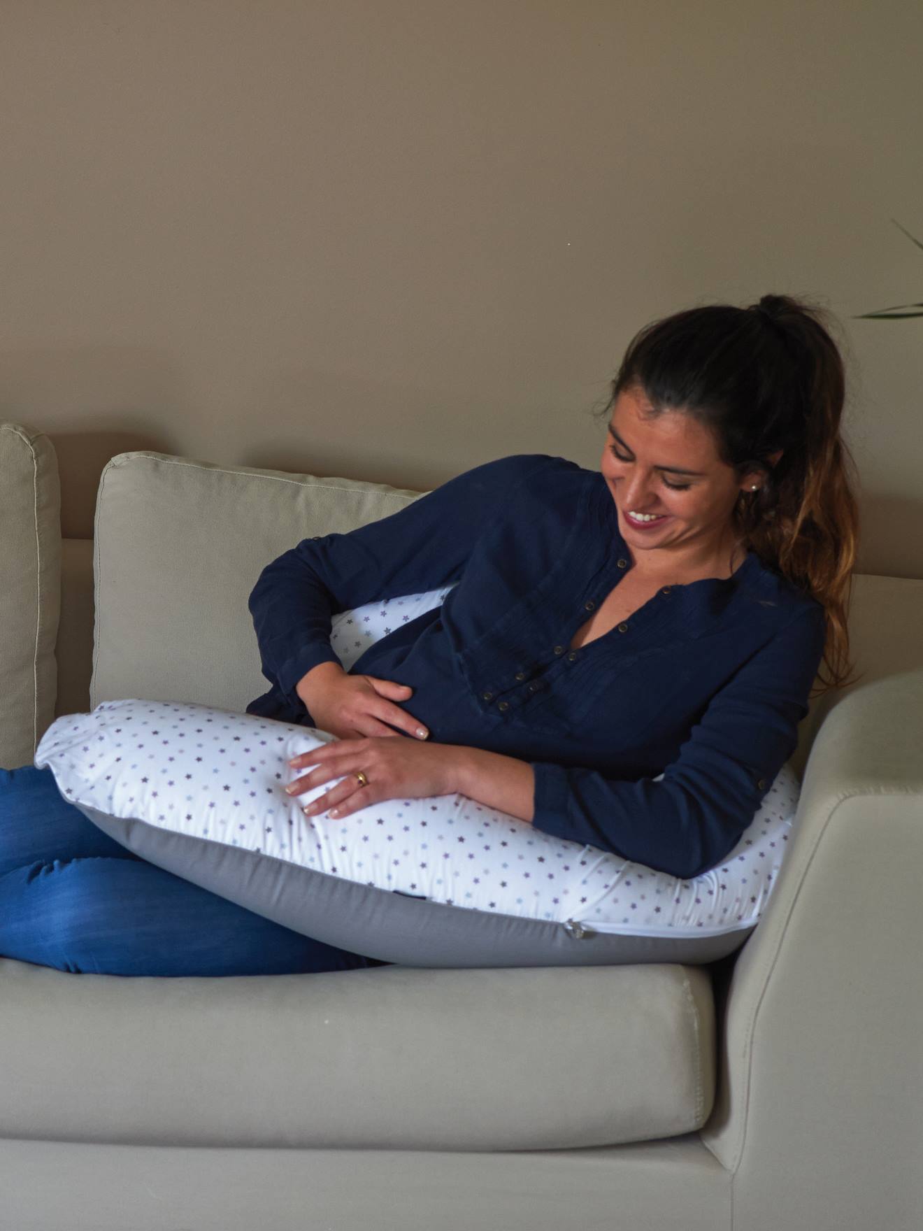Coussin de maternité et d'allaitement évolutif CANDIDE Multirelax+ gris/imprimé étoiles