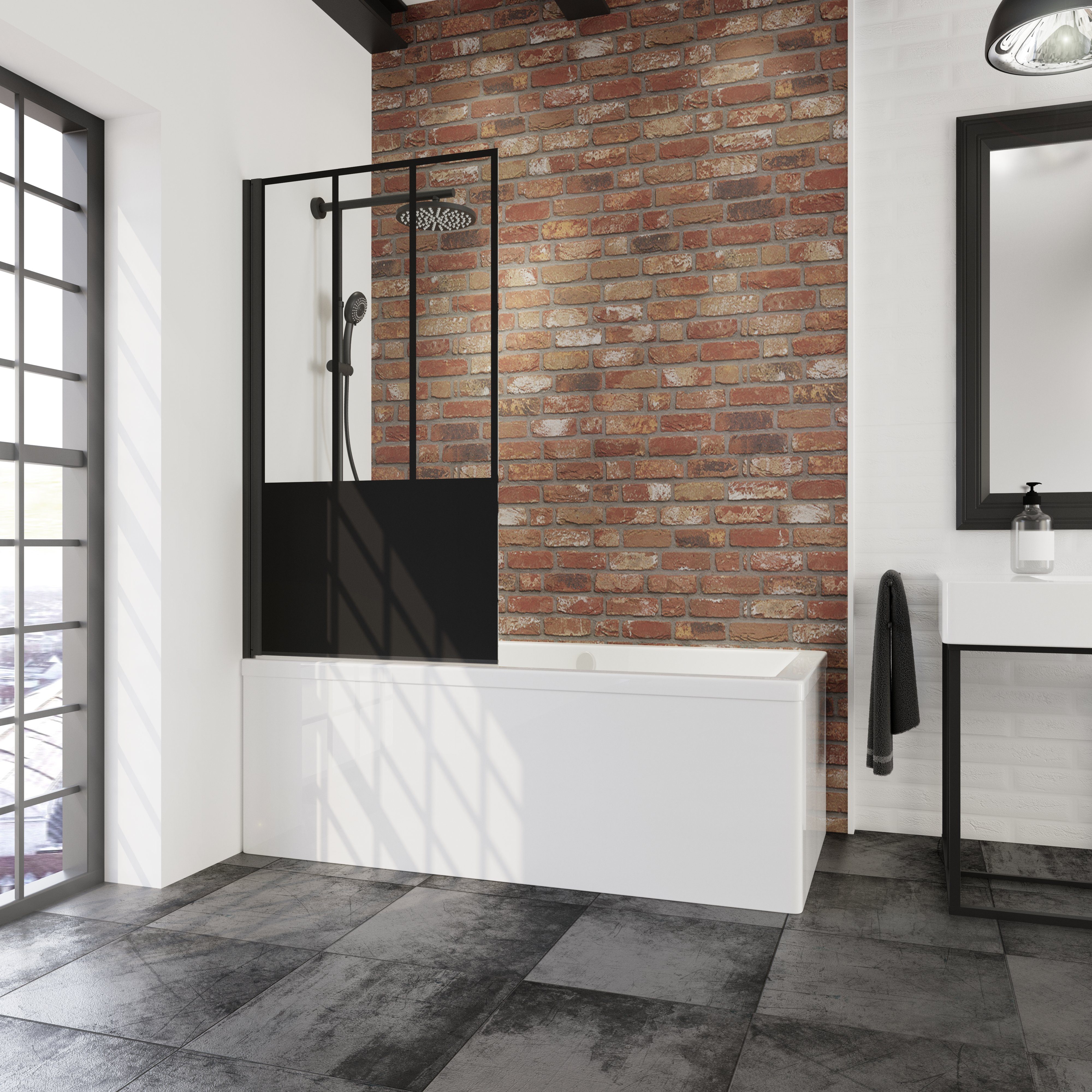Schulte Badewannenaufsatz Black Style, 5 mm Sicherheitsglas, (1 tlg), BxH: 80 x 140 cm, Dekor Atelier 5, pendelbar