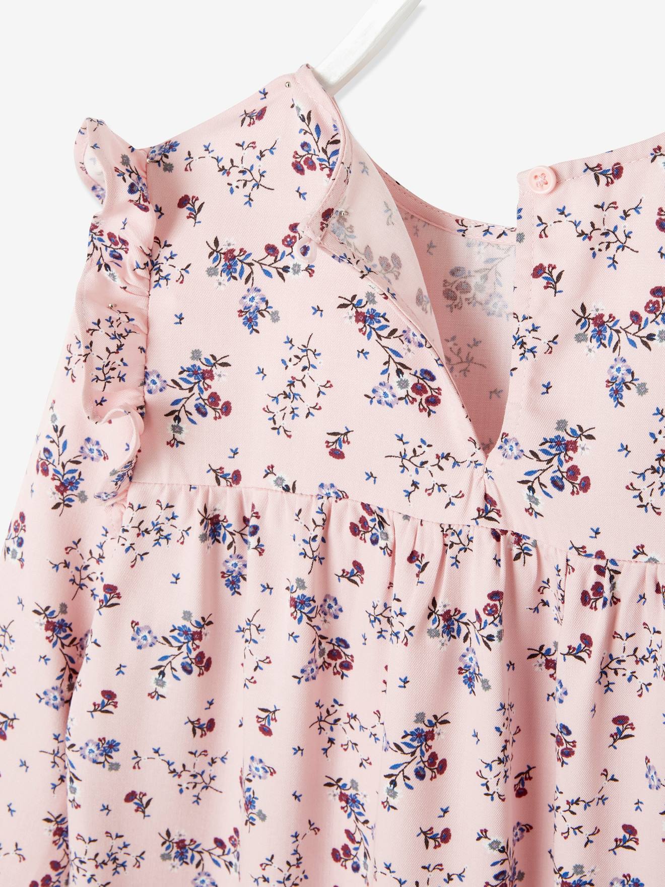 Robe imprimée fleurs manches volantées fille bleu nuit
