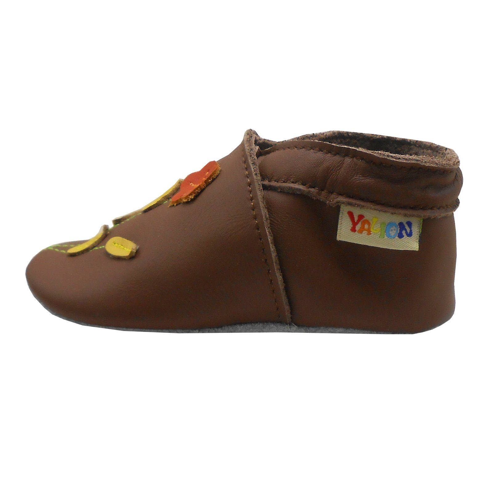 Yalion Weiche Leder Lauflernschuhe Hausschuhe Lederpuschen Zwei-Blumen-Braun Krabbelschuh