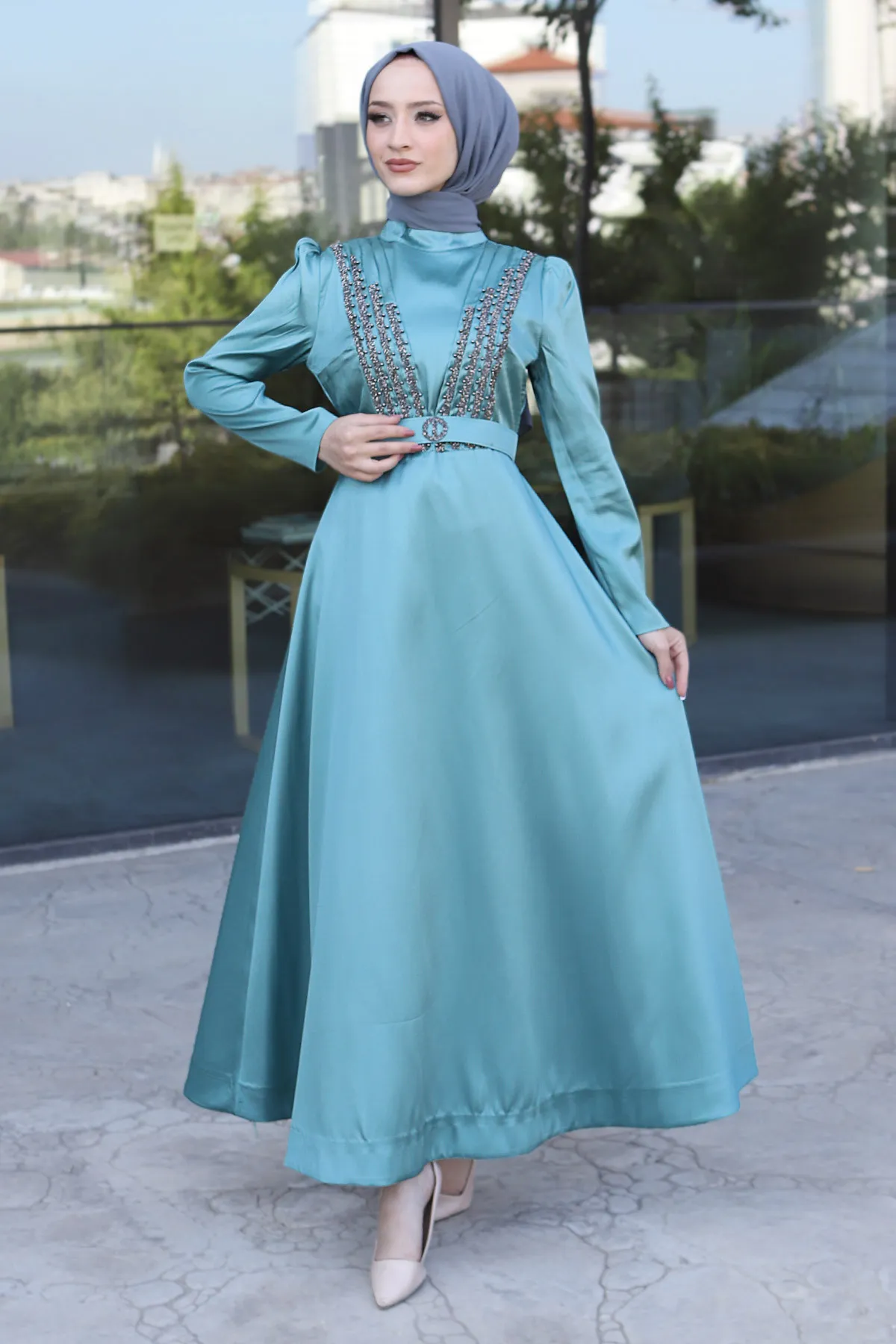 Tesettür Dünyası  Gürteldetailliertes Abendkleid Tsd220543 Mintgrün