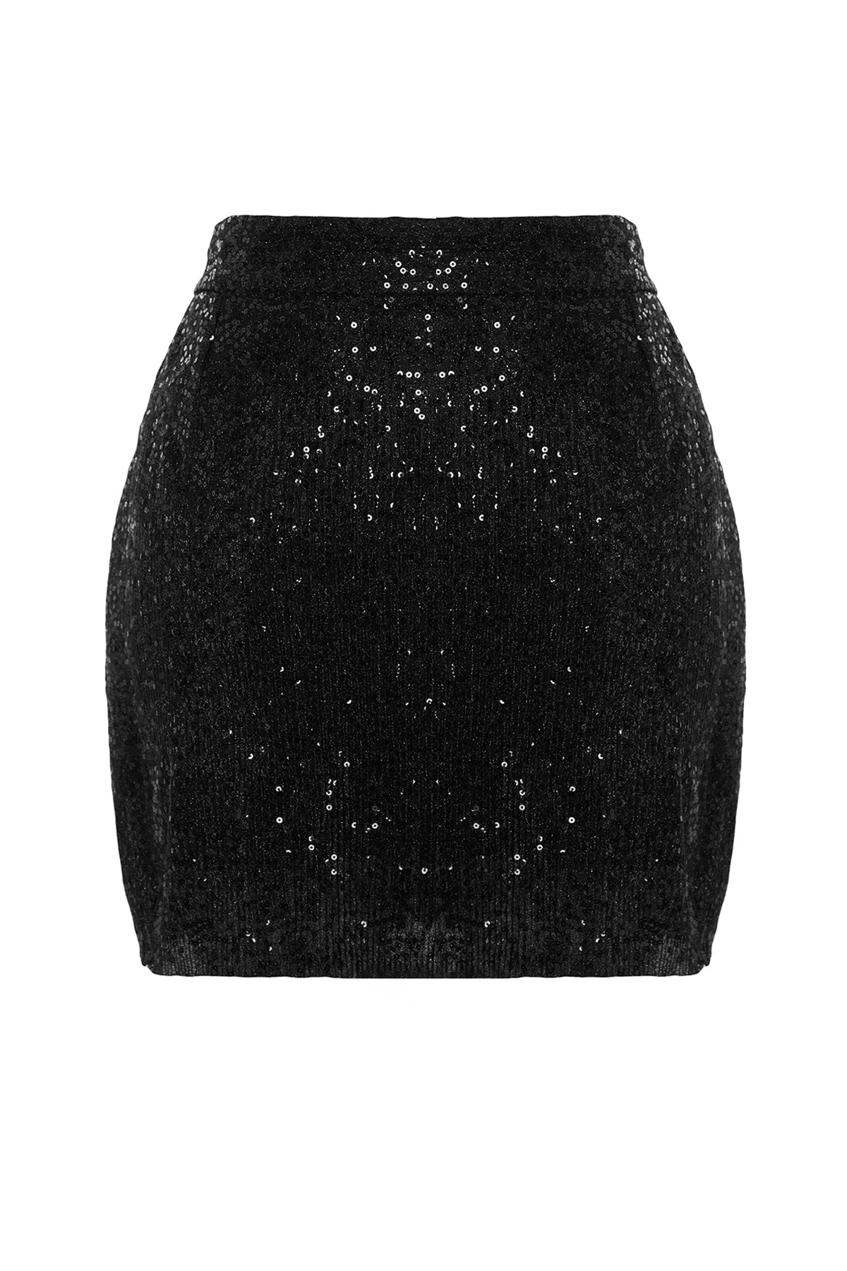 Trendyol Collection  Schwarzer, figurbetonter, glänzender Paillettenrock mit Reißverschluss TPRAW24ET00025