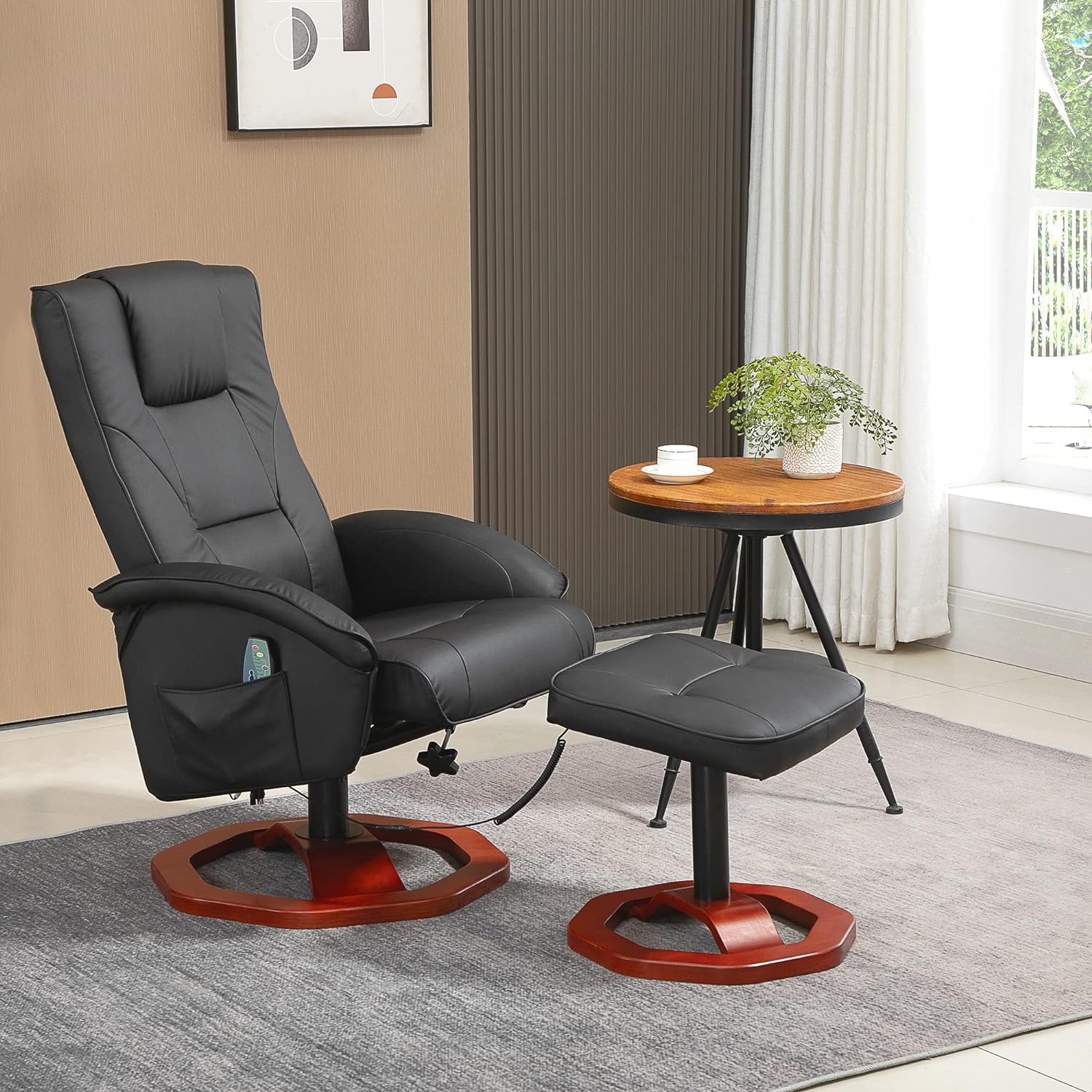 HOMCOM Sillón de masaje con reposapiés, función de descanso, función de descanso, sillón reclinable con función de masaje, giratorio 360°, piel sintética, acero negro+marrón, 73 x 83 x 106 cm