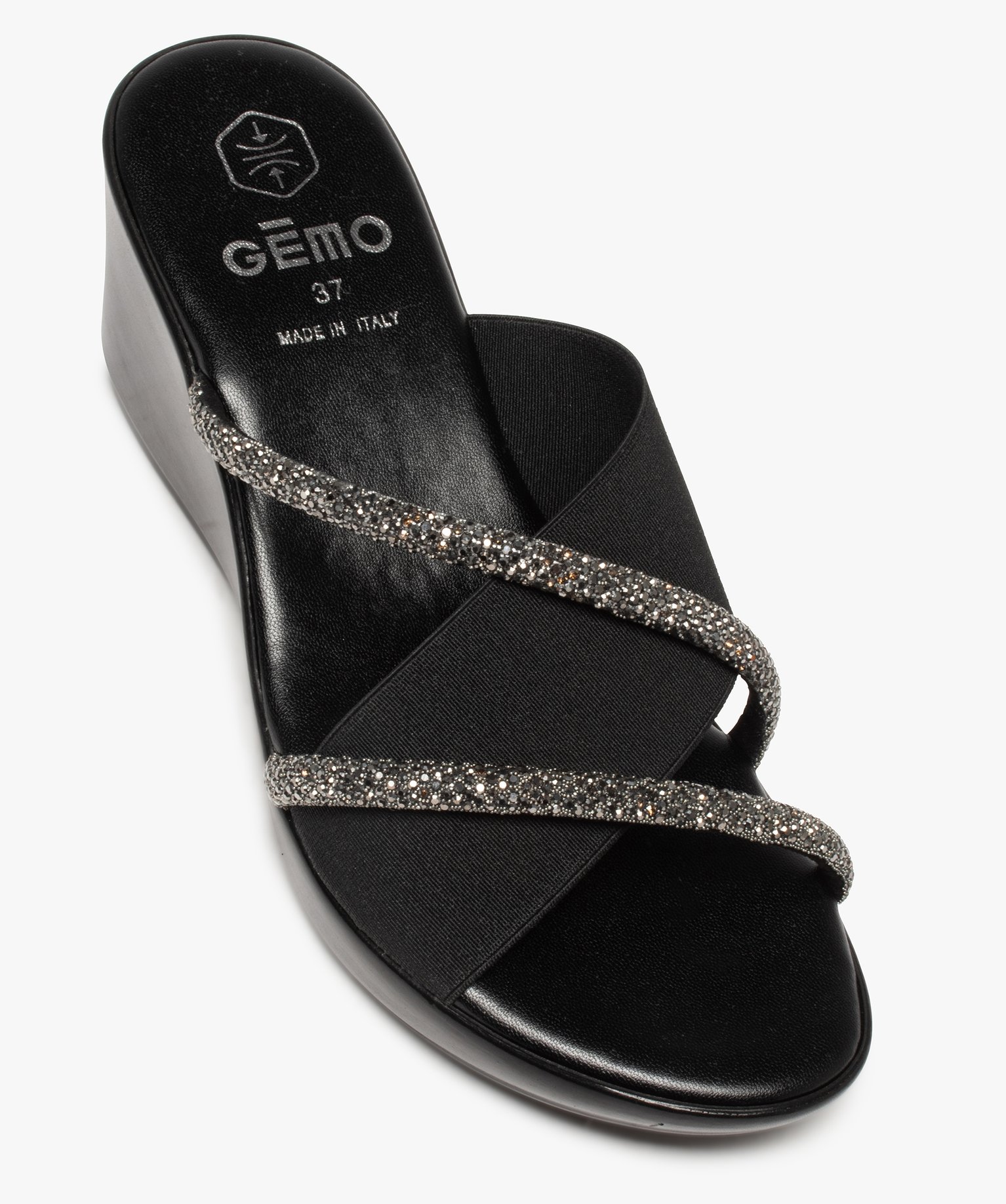 Mules femme à talon compensé et brides strass noir | GEMO
