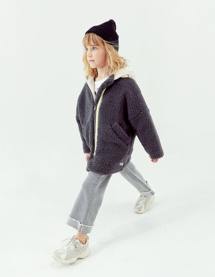 Manteau gris en Sherpa capuche bi-matière fille