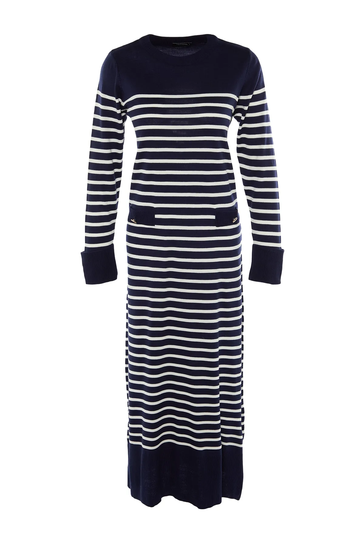 Trendyol Modest  Marineblaues gestreiftes Strickkleid mit Rundhalsausschnitt TCTAW23EB00012