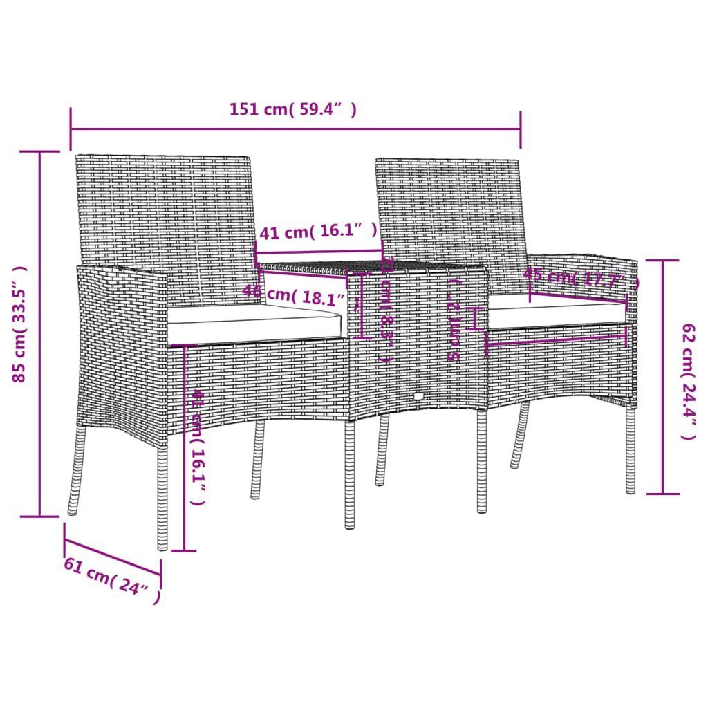 vidaXL Loungesofa 2-Sitzer Gartensofa mit Teetisch Poly Rattan Braun, 1 Teile