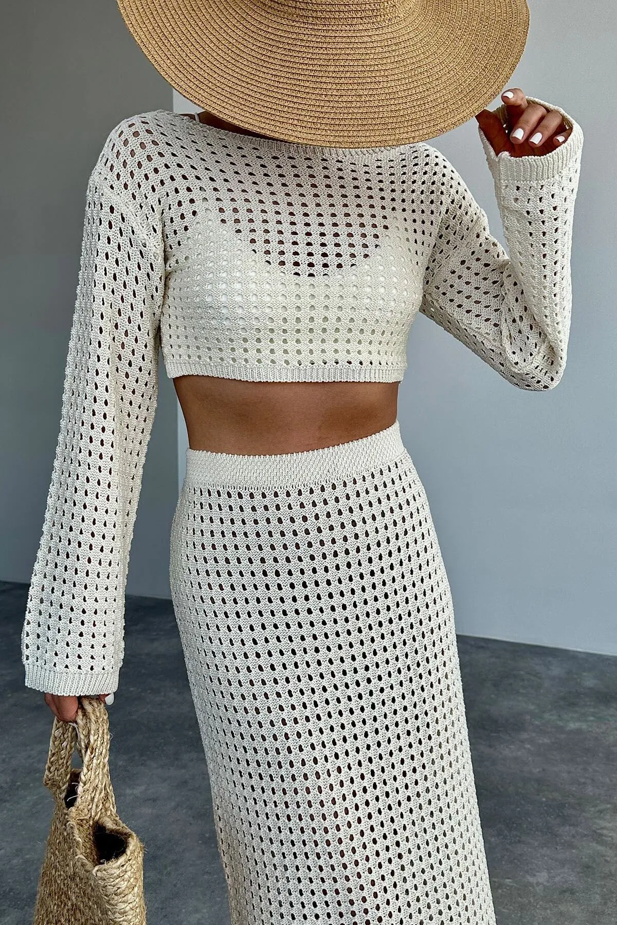 Loopy  Cremefarbenes, durchbrochenes Crop-Rock-Doppelset für Damen