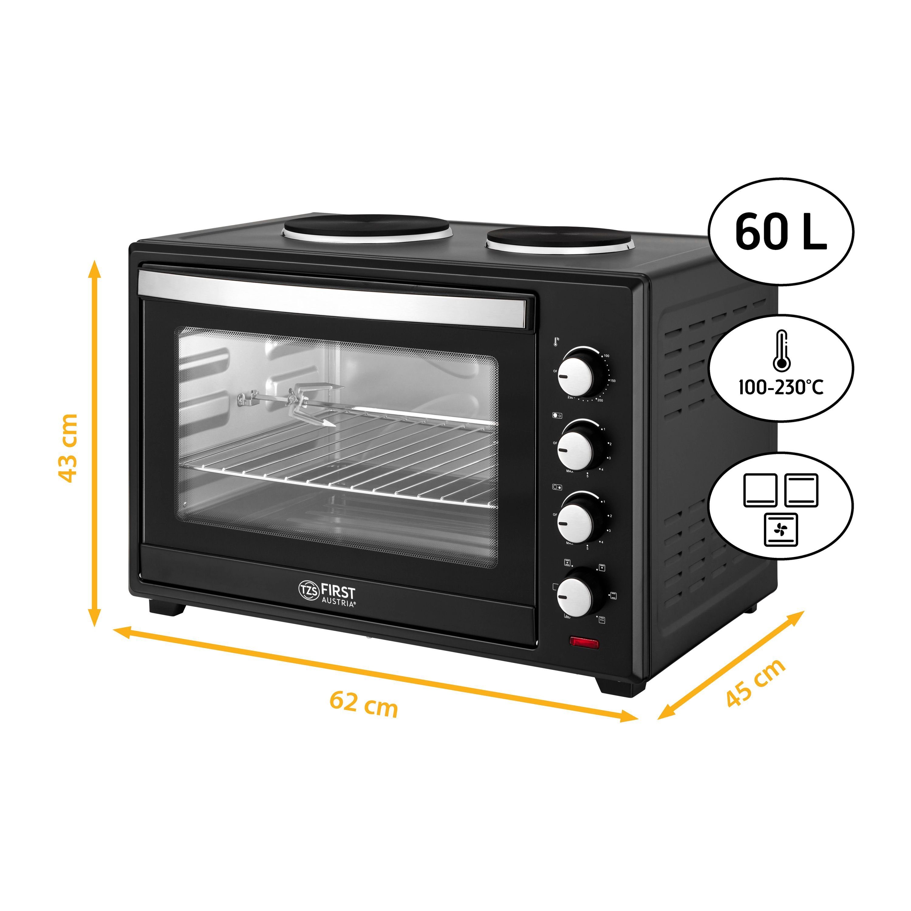 TZS FIRST AUSTRIA Minibackofen Pizzaofen mit Kochplatten, 60L, 3400W, Mini Backofen mit Umluft, max 230°C, Backblech, Drehspieß, Grillrost, Innenbeleuchtung