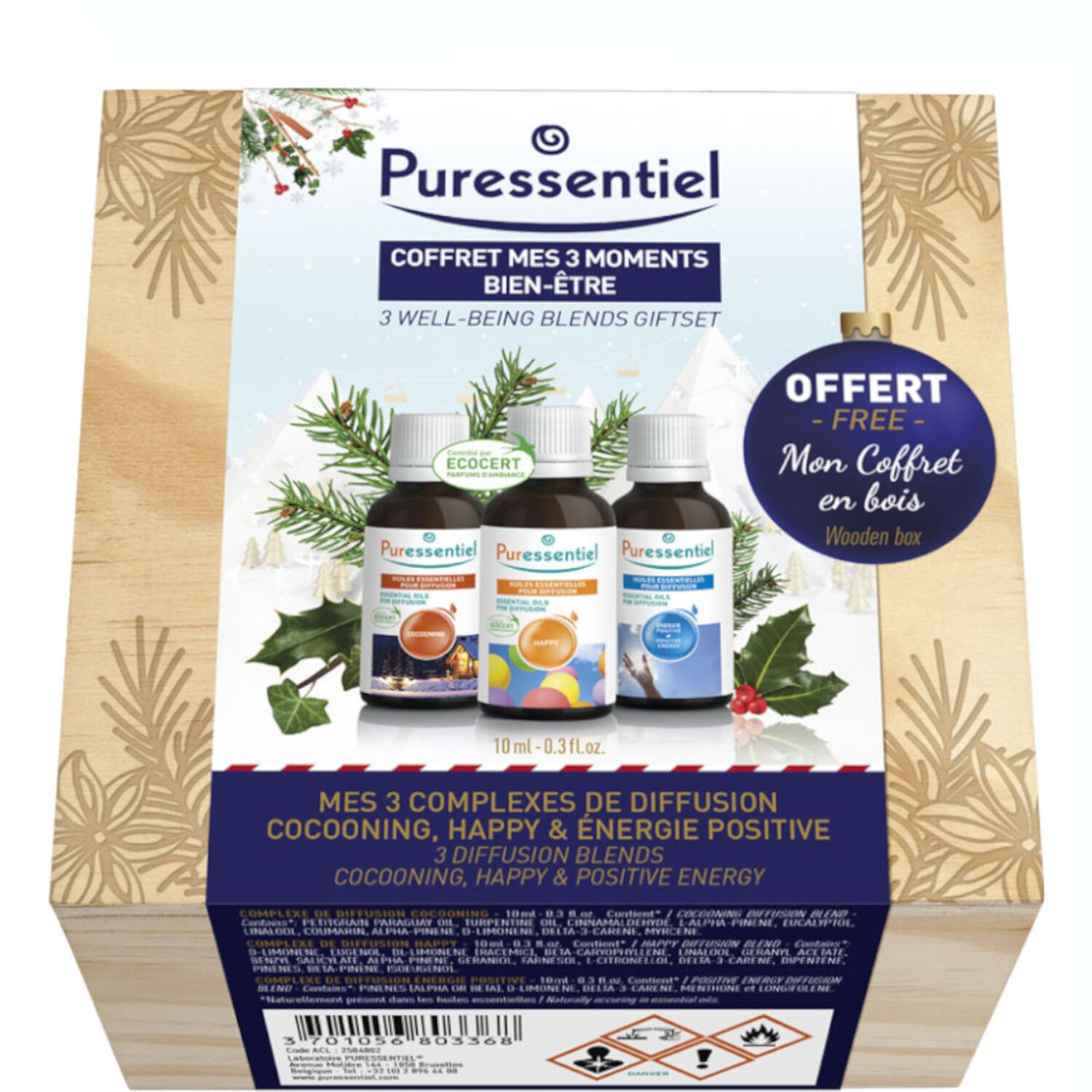 Puressentiel Mes 3 Moments Bien-être Coffret en Bois Diffusion Cocooning - Happy & Energie Positive