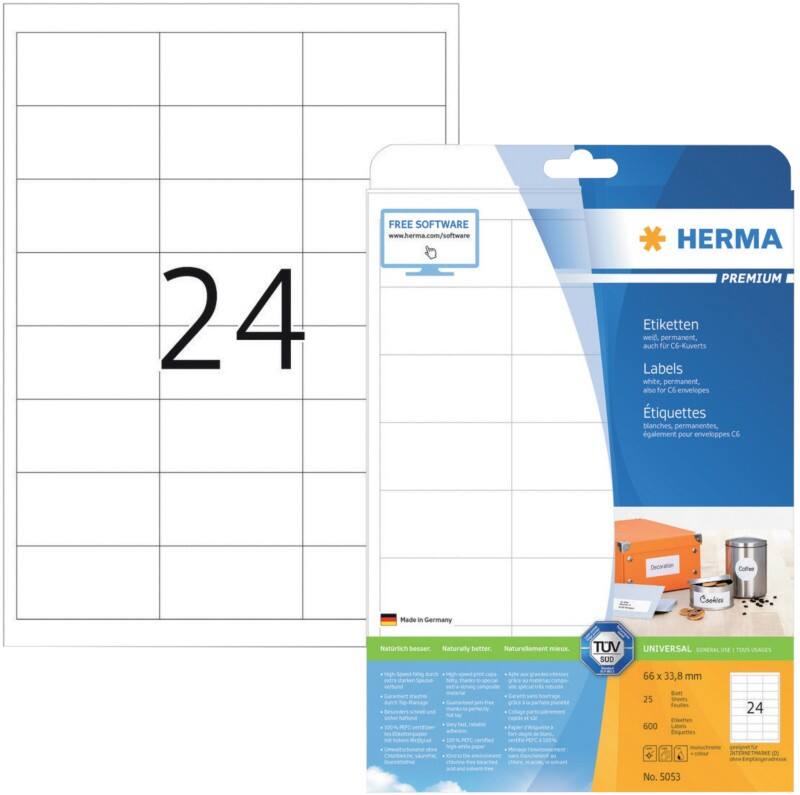 HERMA Universaletiketten 5053 Weiß DIN A4 66 x 33,8 mm 25 Blatt à 24 Etiketten