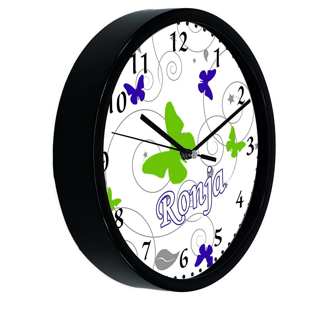 Kinder Wanduhr laufruhig personalisiert mit Name Schmetterling Blau Grün