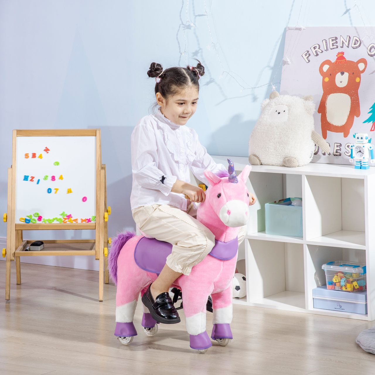 HOMCOM Reitpferd, Einhorn Stehpferd auf Rollen, Stehpferd mit 2 Pedalen, Rosa