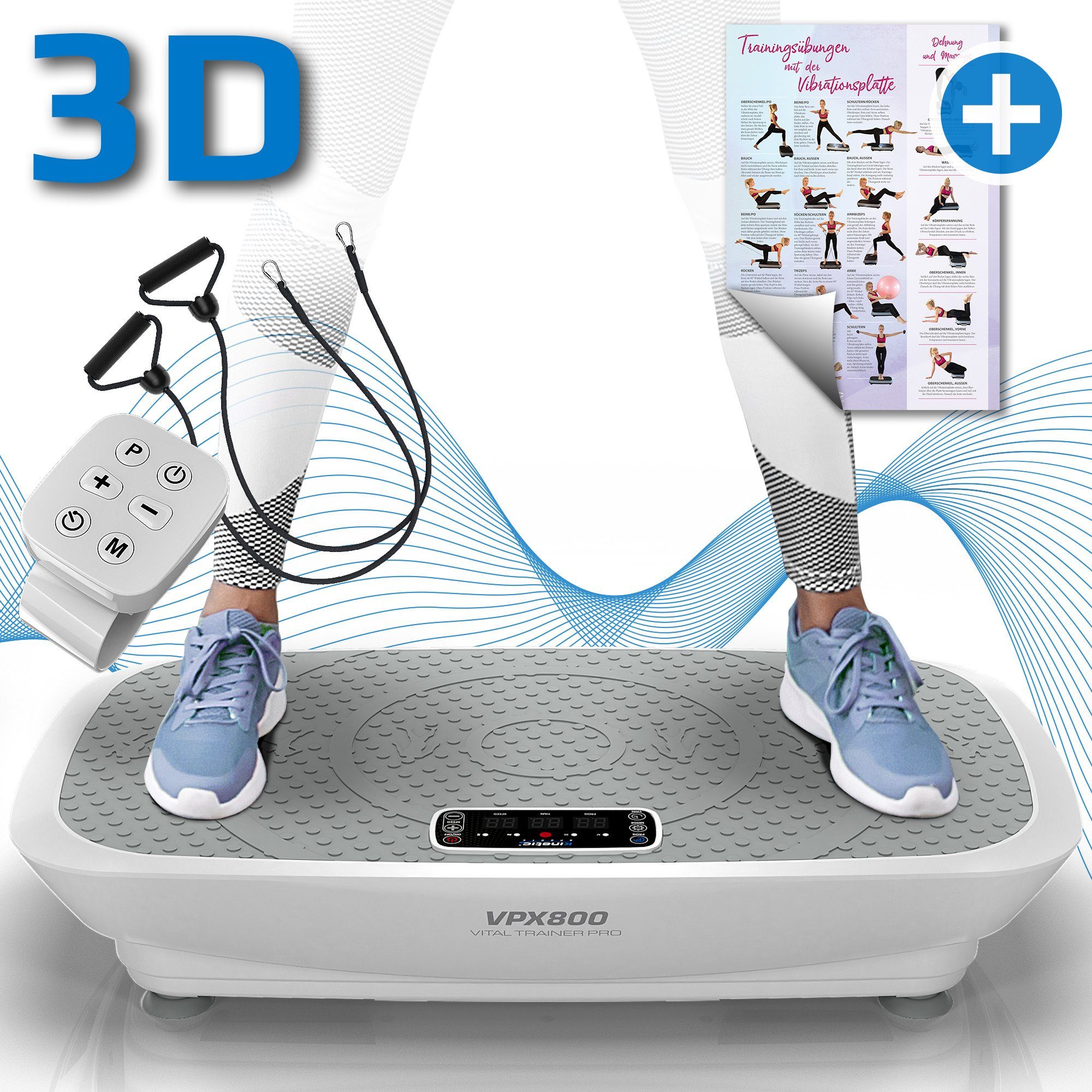 Kinetic Sports Vibrationsplatte VPX800, 1000,00 W, 198 Intensitätsstufen, (Vibrationsplatte 2 Motoren mit Trainingsbänder und Übungsposter), Intensitätsstufen 198, Vibrationstyp 3D, Fernbedienung & Trainingsband