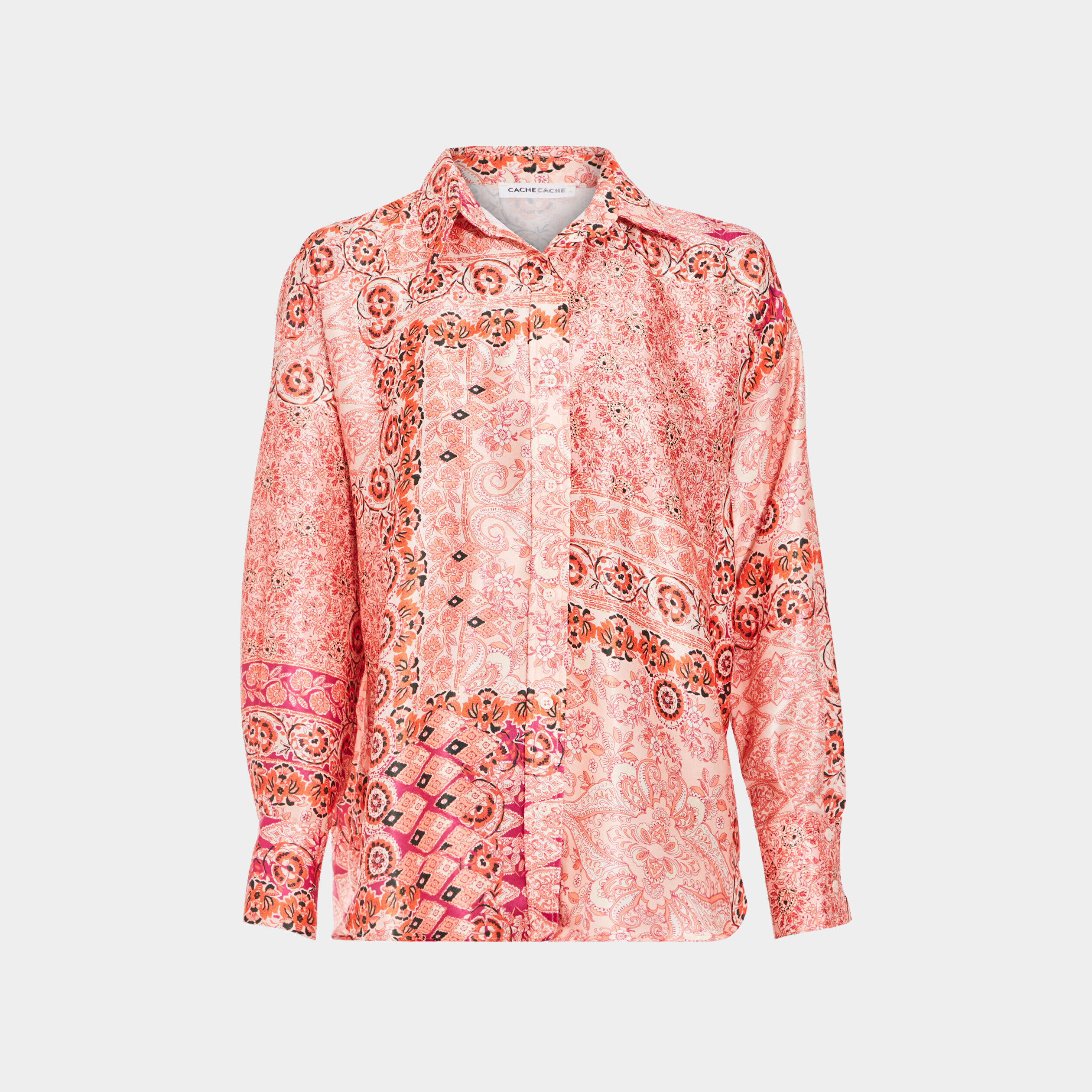 Chemise manches longues satin rose pastel femme | Cache Cache