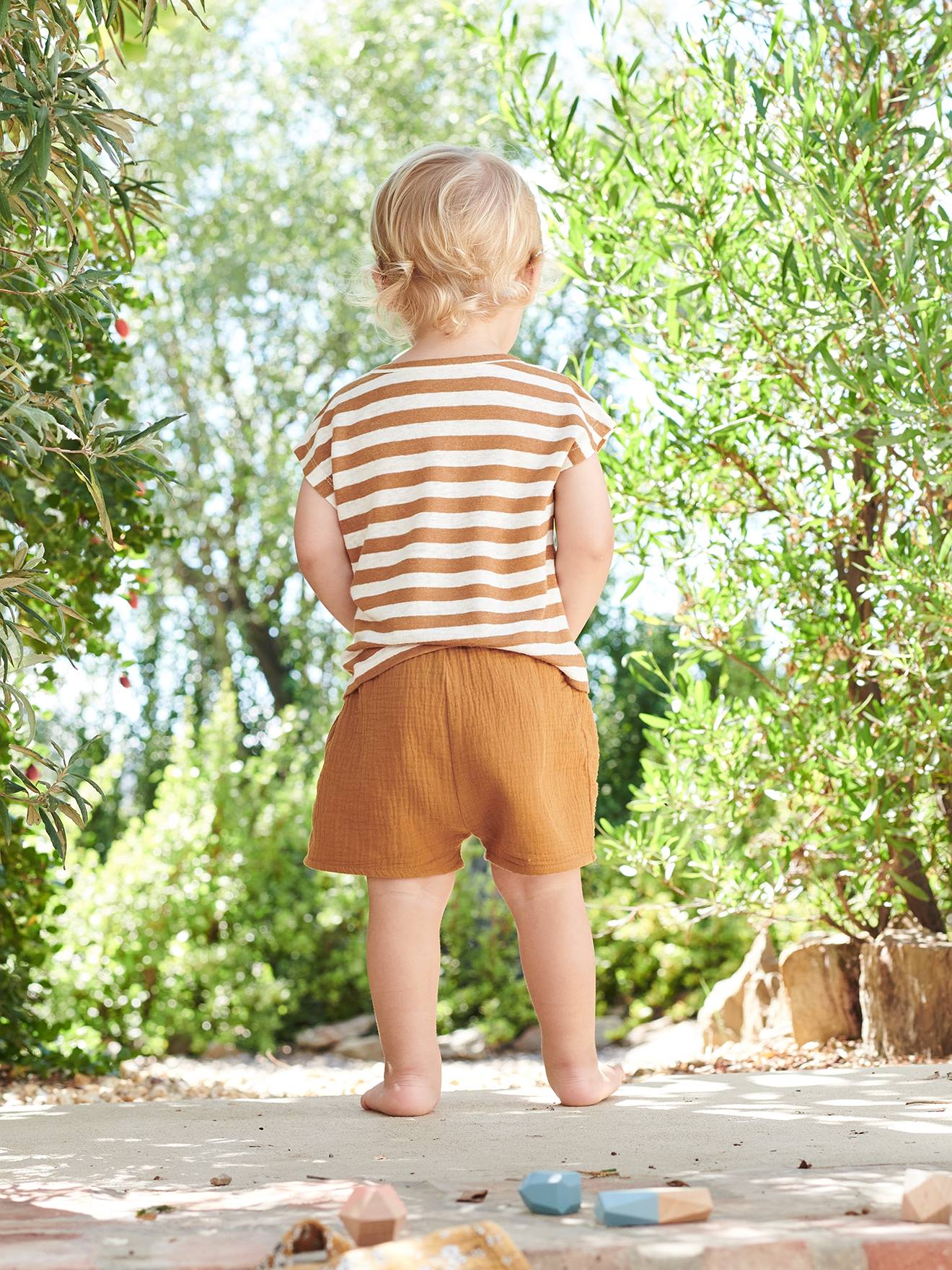 Ensemble bébé T-shirt rayé et short uni caramel
