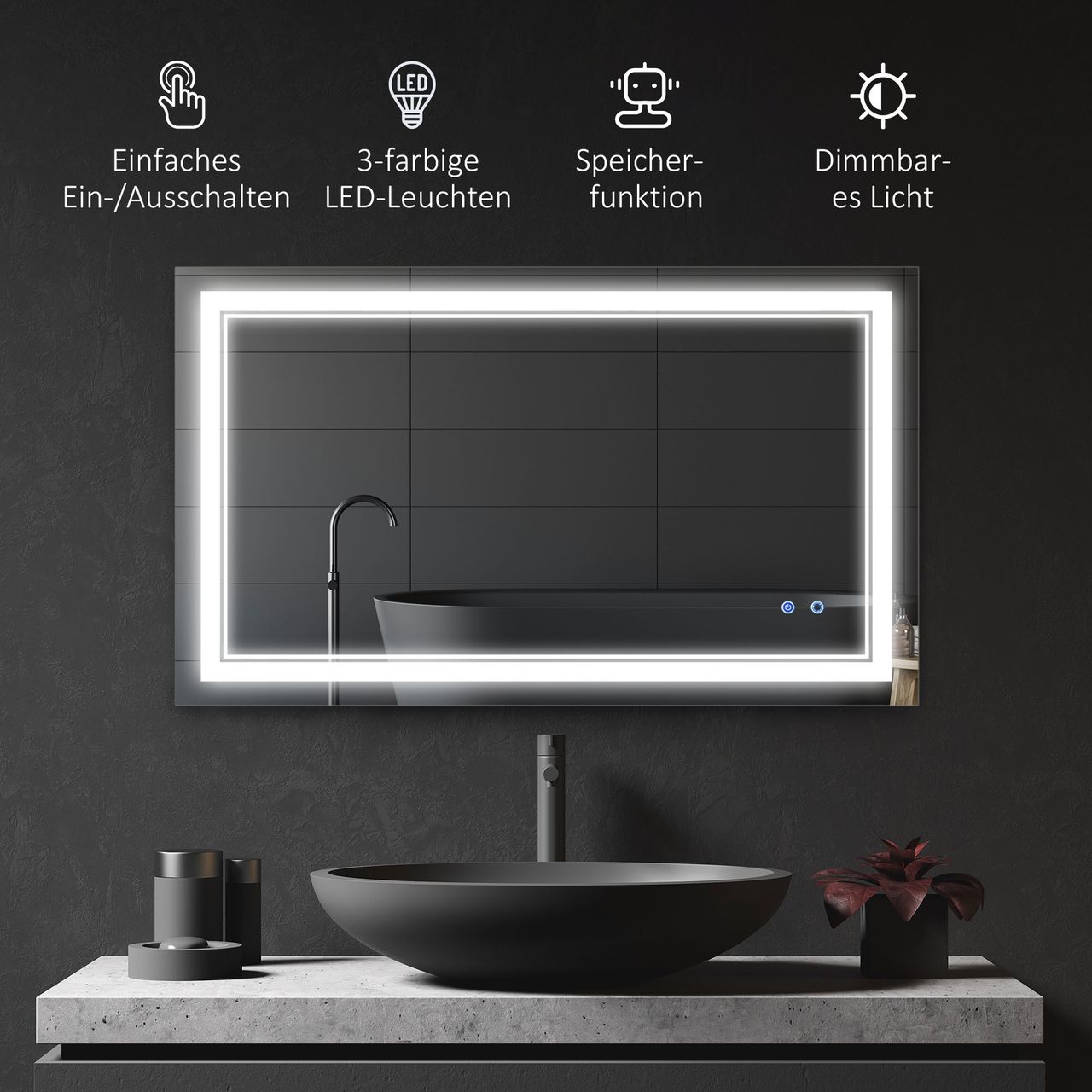 kleankin Badspiegel Badezimmerspiegel mit LED-Leuchte, Wasserdichter Wandspiegel