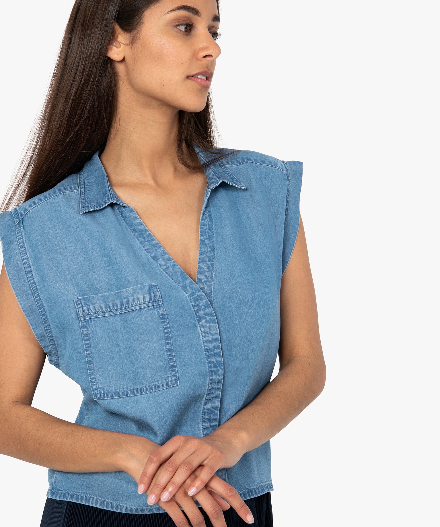 Chemise femme courte sans manches en Lyocell denim | GEMO
