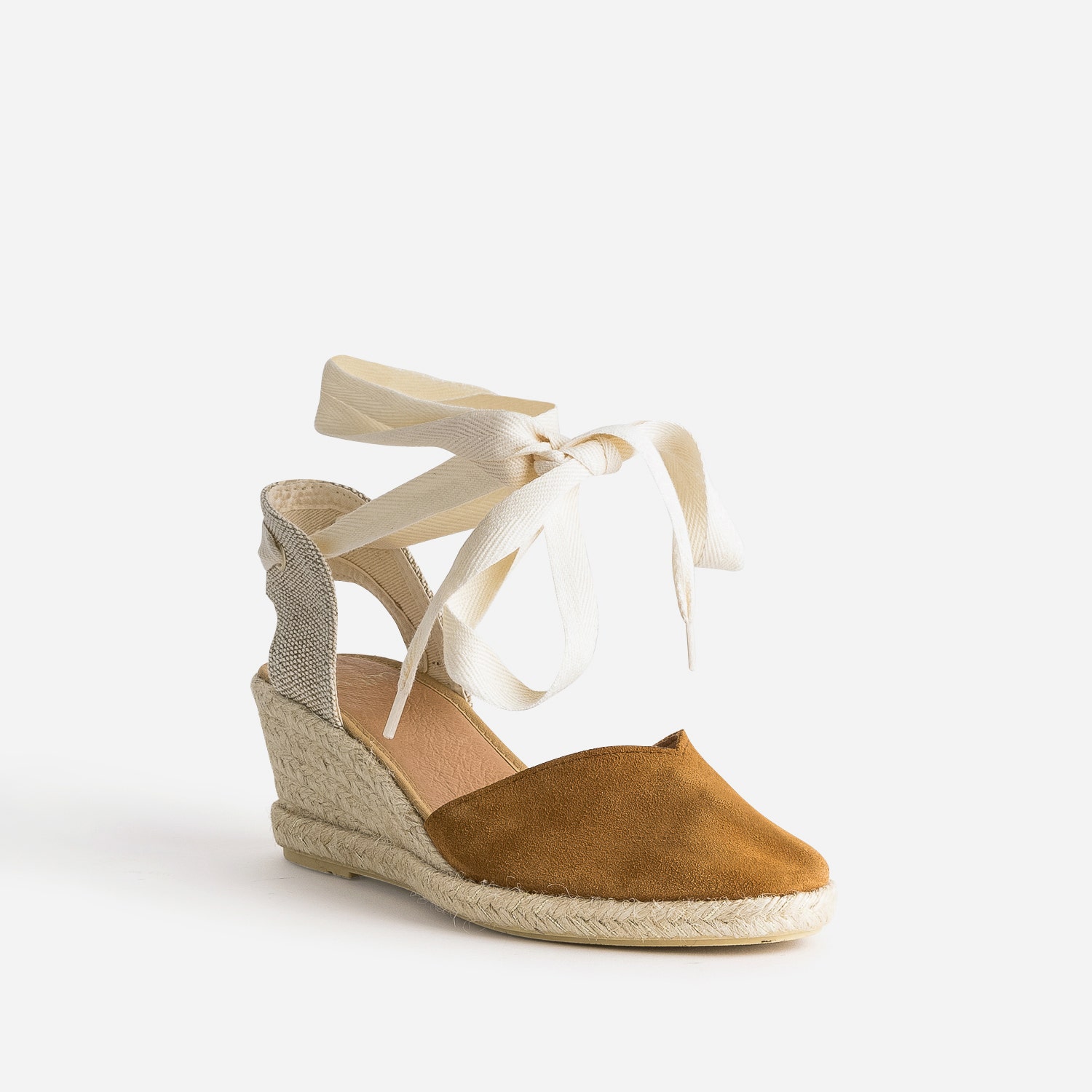 Espadrille compensée camel en cuir velours