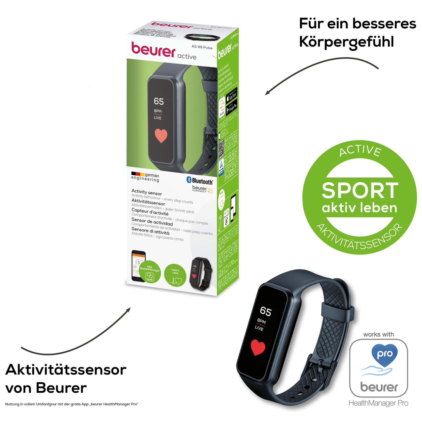 Beurer Aktivitätssensor AS 99 Pulse Bluetooth®-Tracking Fitnessuhr mit Nachrichtenfunktion, Pulsmessung & Kamera-Fernauslöser