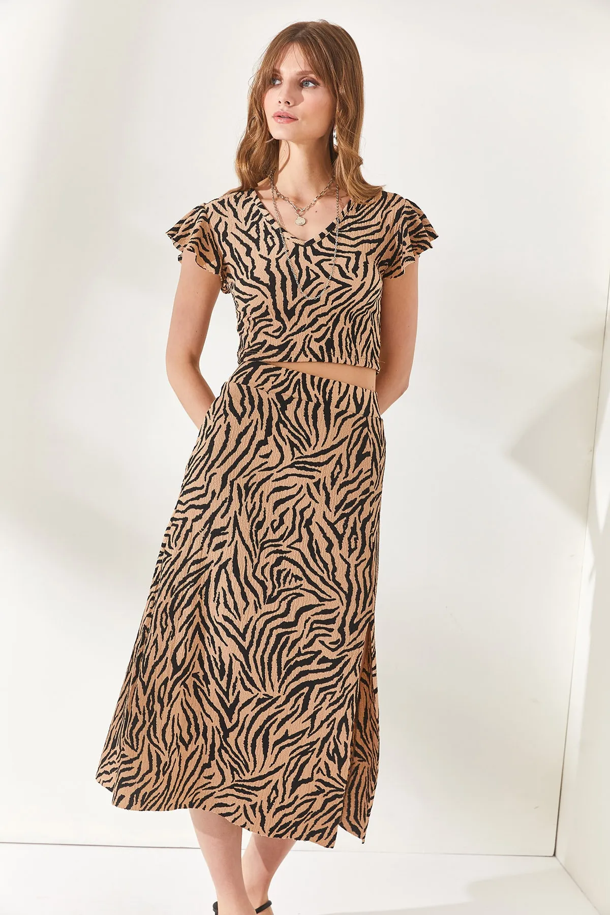 Olalook  Damen Kamel Zebra Top Bluse Unterteil Schlitz Rock Set TKM-19000198